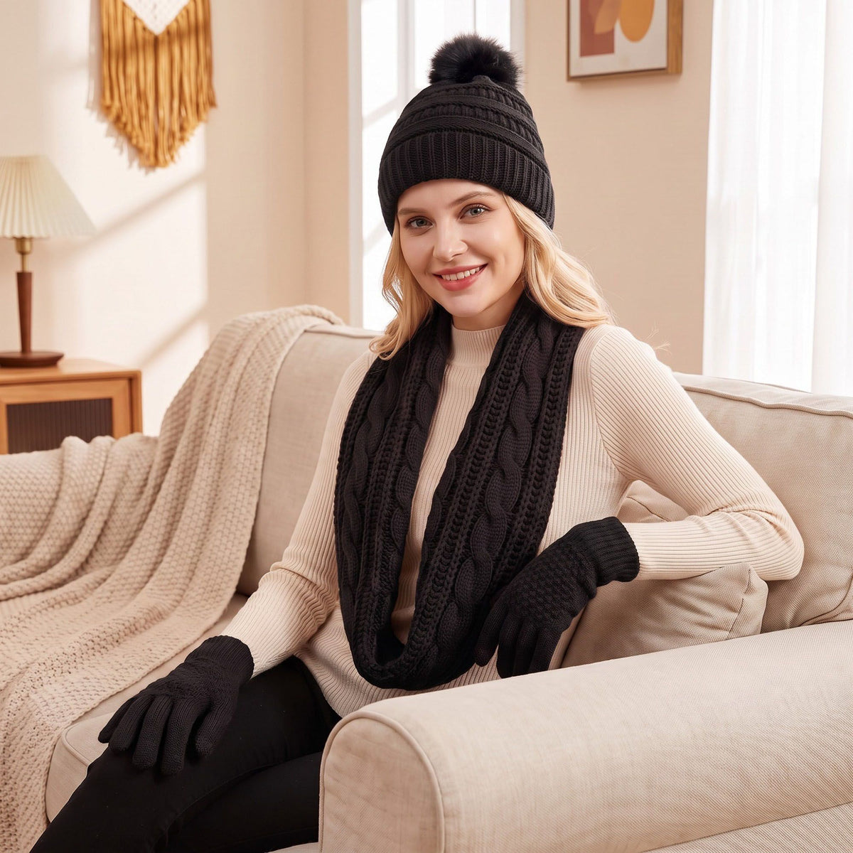 4 Piece Knit Winter Hat Scarf Touchscreen Gloves and Socks Set