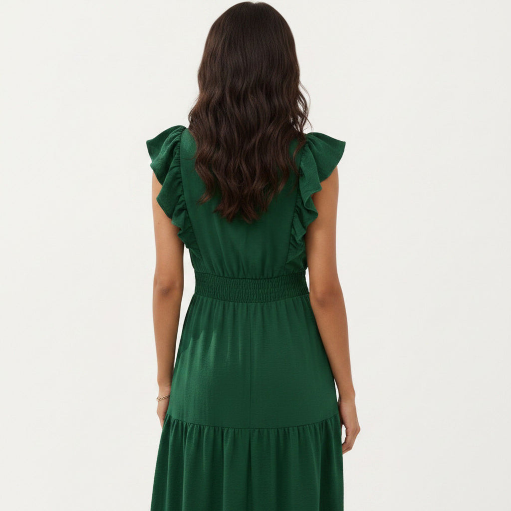 Anna-Kaci Women's Tiered Midi Dress with Ruffle Sleeves and Smocked Waist