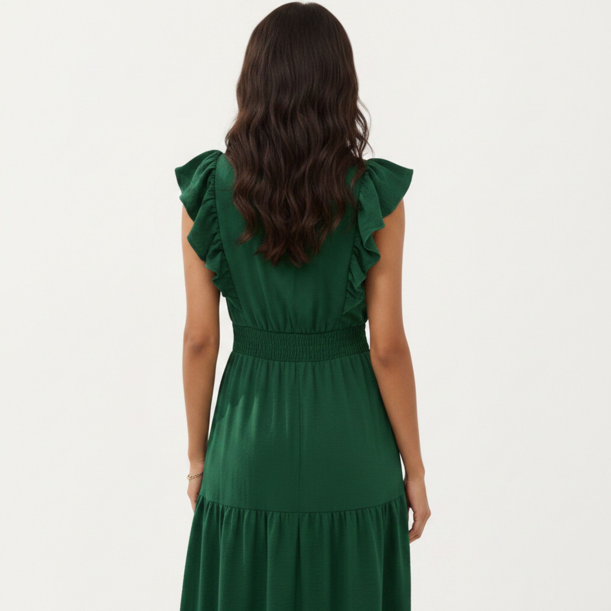 Anna-Kaci Women's Tiered Midi Dress with Ruffle Sleeves and Smocked Waist