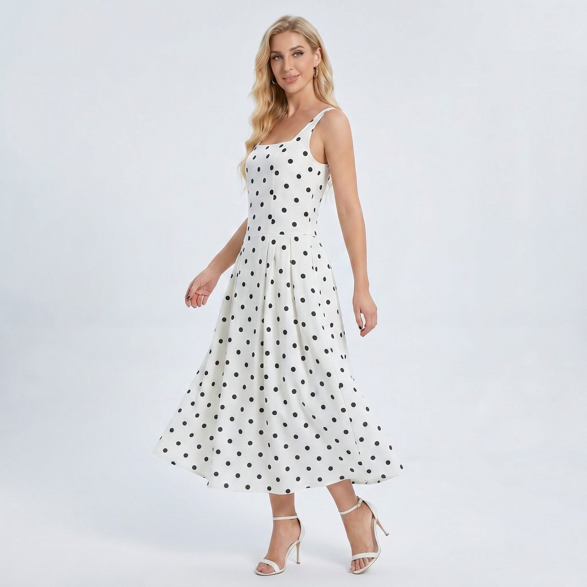 Anna-Kaci Women's Polka Dot Square Neck Fit and Flare Midi Dress