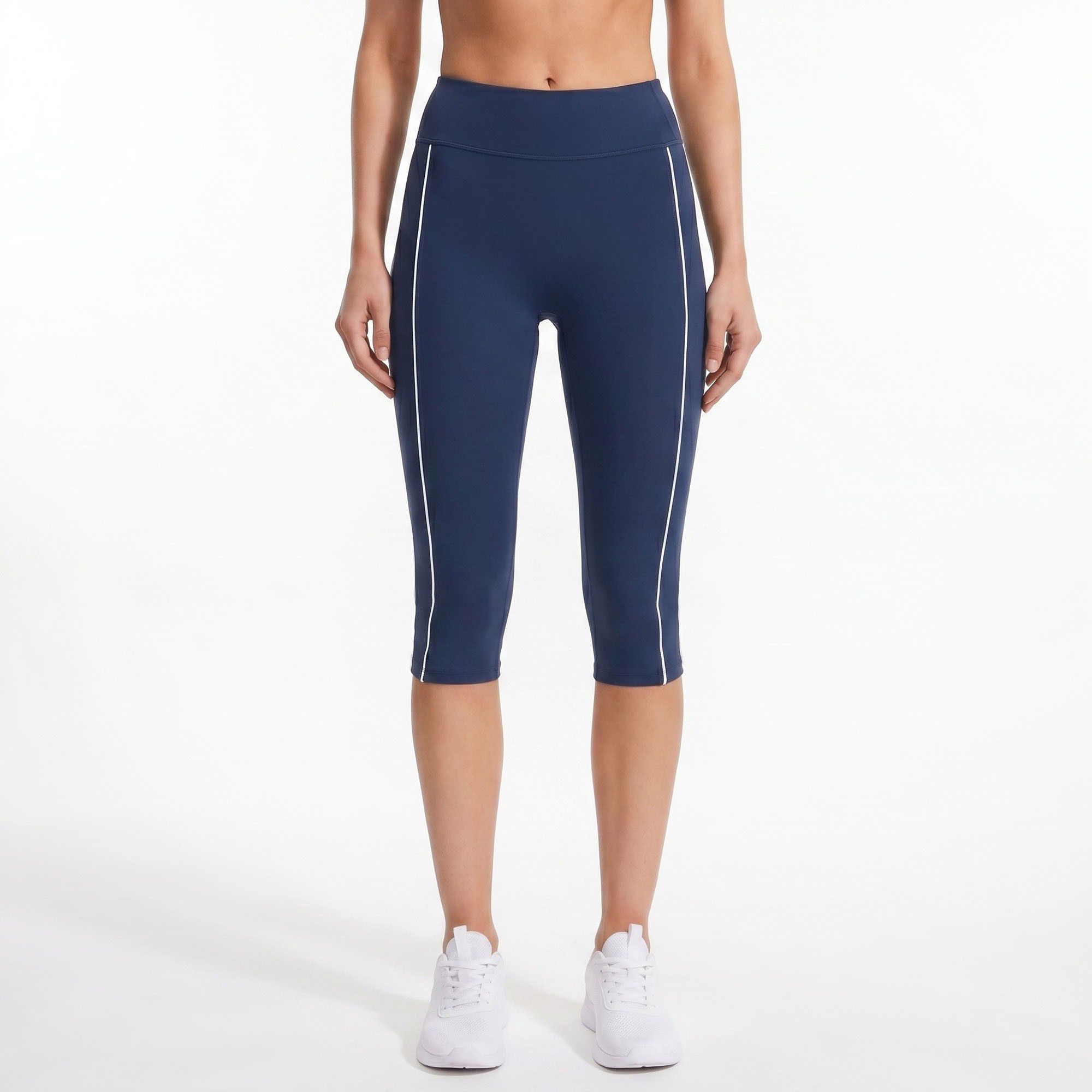 High Waist Side Stripe Capri Leggings Wide Waistband Cropped Workout Yoga Pants
