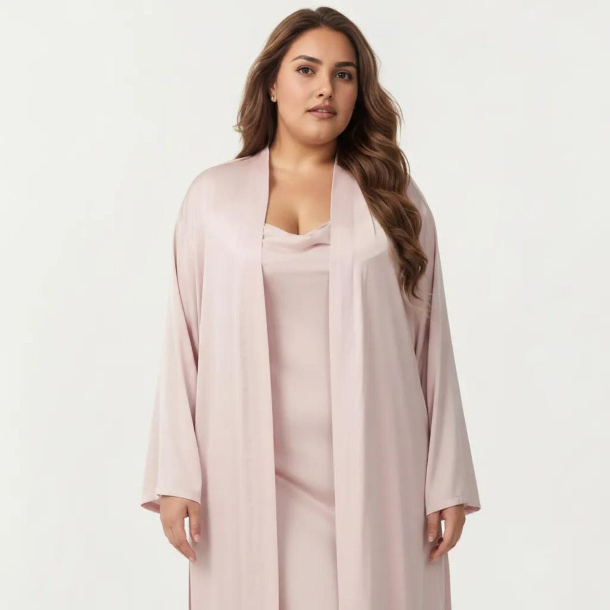 Anna-Kaci Lounge Women's Plus Size 2-Piece Satin Nightgown Set with Long Sleeve Open Front Robe Sleeveless Slip Dress Sleepwear