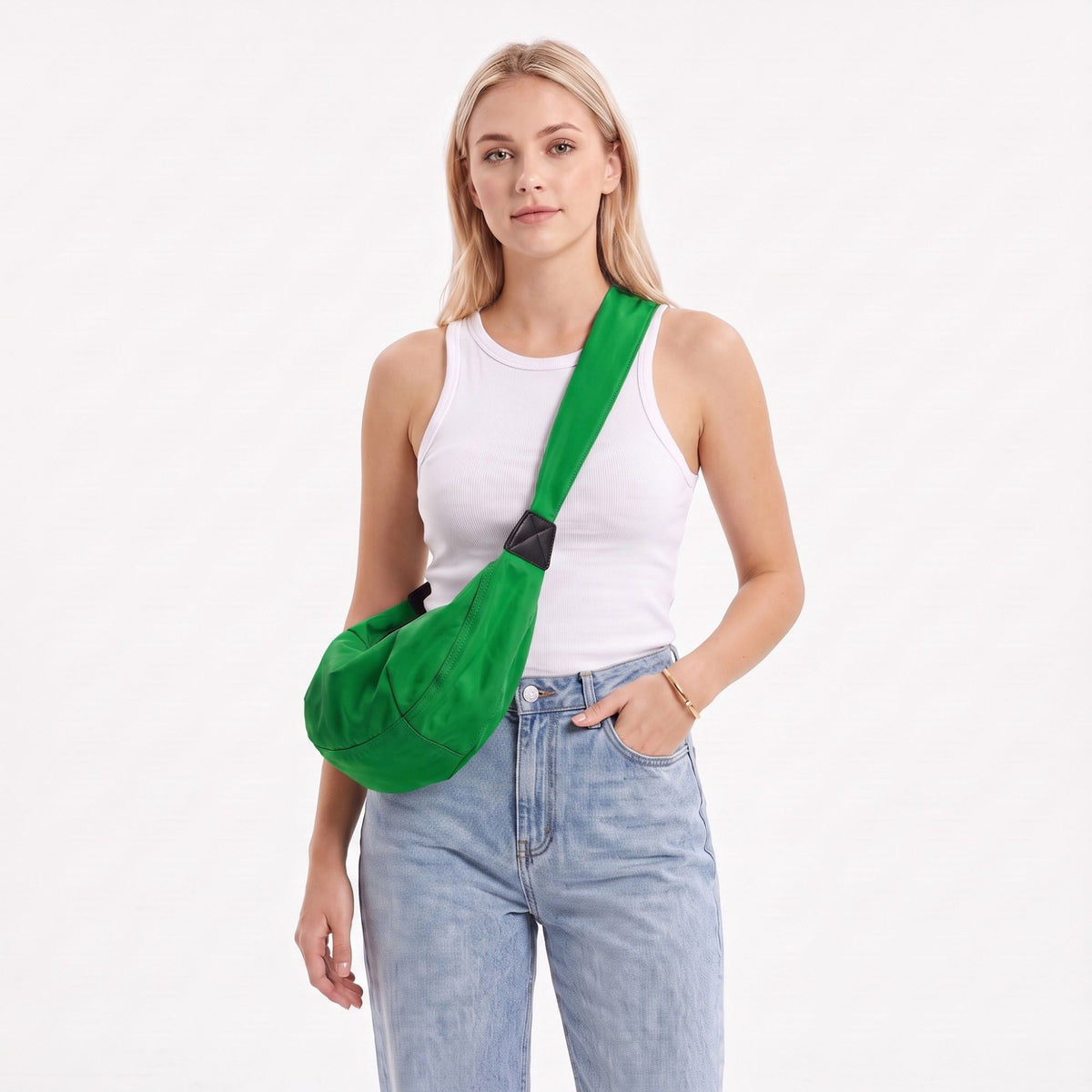 Nylon Crescent Shoulder Bag with Adjustable Strap and Double Zip Closure