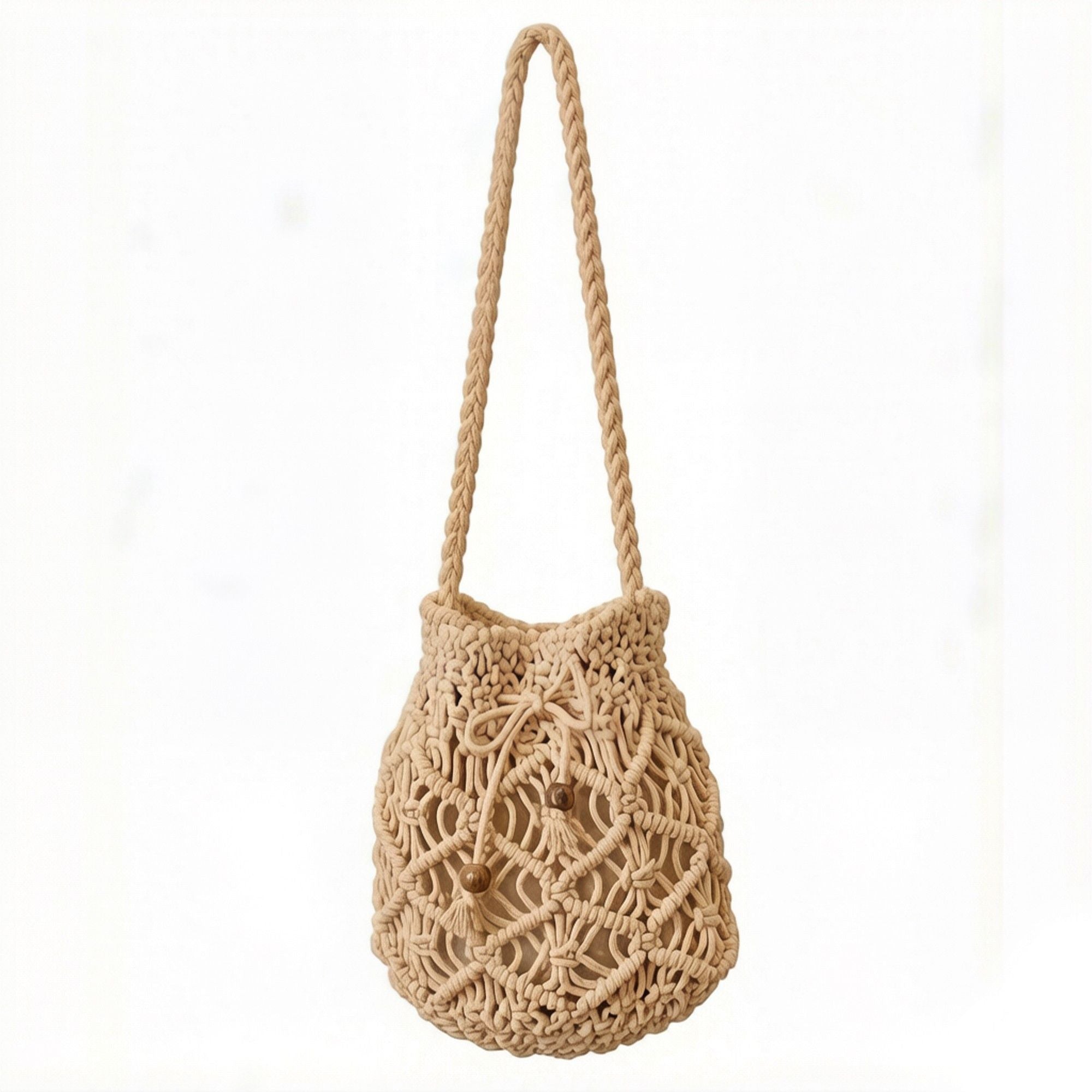 Open Knit Crochet Shoulder Bag with Drawstring Closure Lightweight Handwoven Mesh Tote Handbag