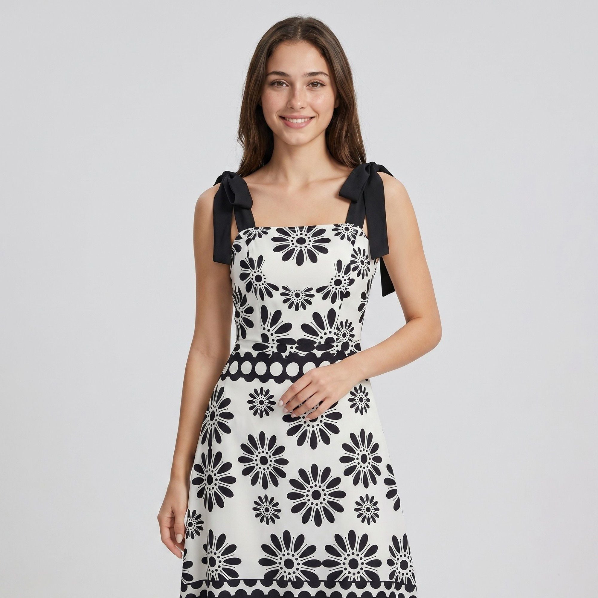 Tie Shoulder Square Neck Midi Dress Black and White Floral Smocked Tiered Sundress