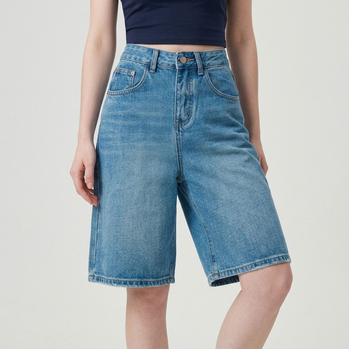High-Waisted Denim Bermuda Shorts Cute