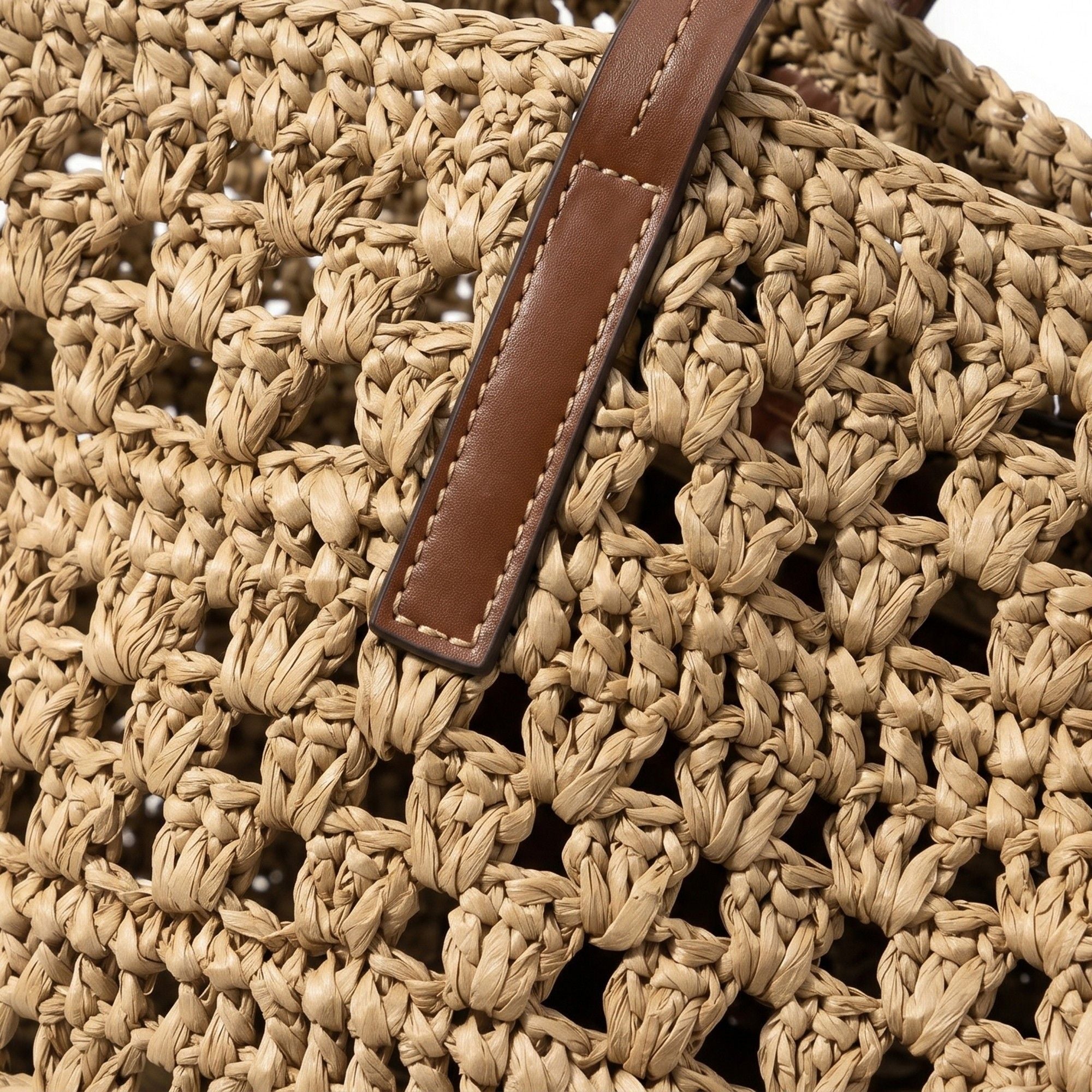 Woven Crochet Tote Bag with Leather Shoulder Straps Large Capacity Knit Handbag Lightweight Open Weave Tote