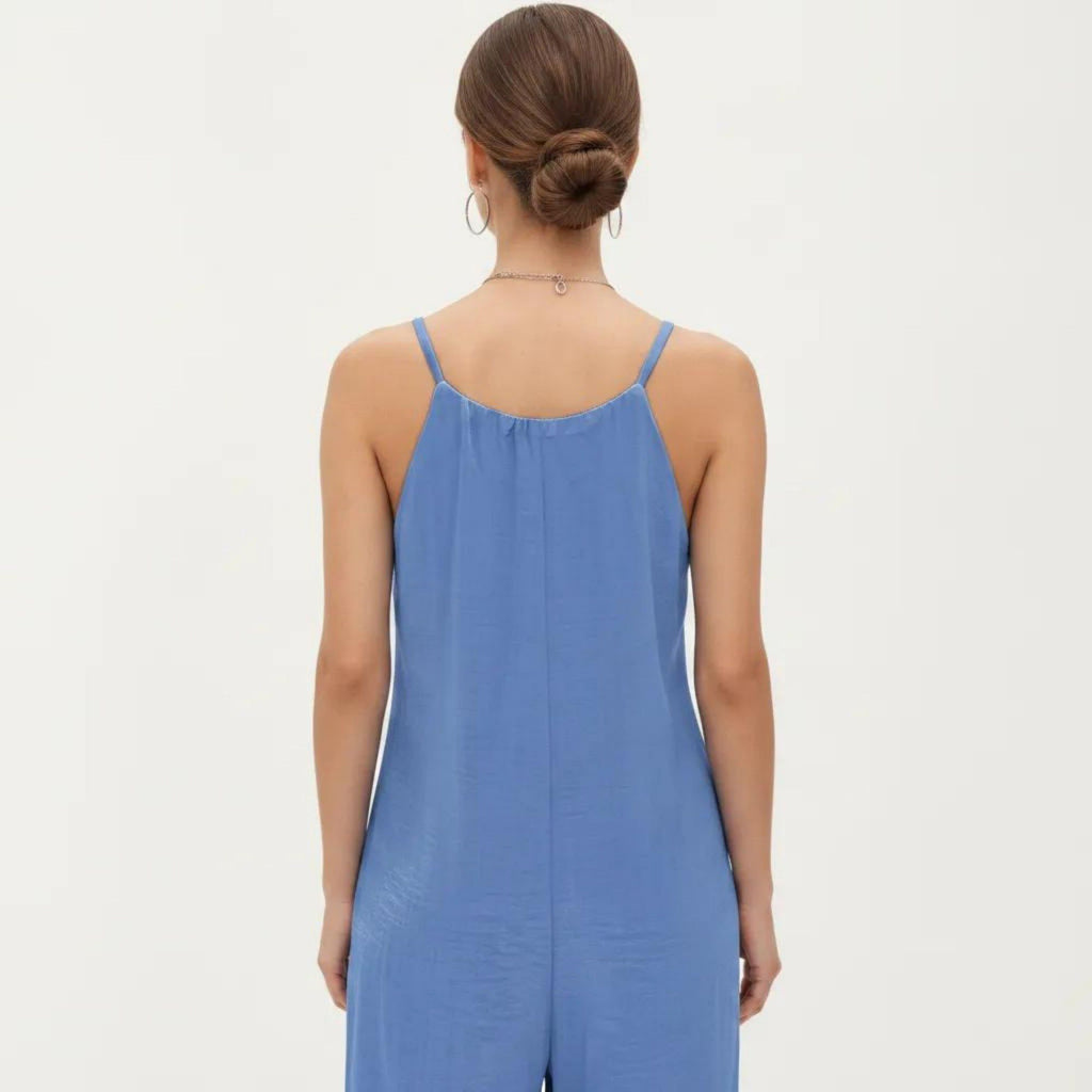 Anna-Kaci Women's Tie Strap Wide Leg Jumpsuit with Soft Satin Finish