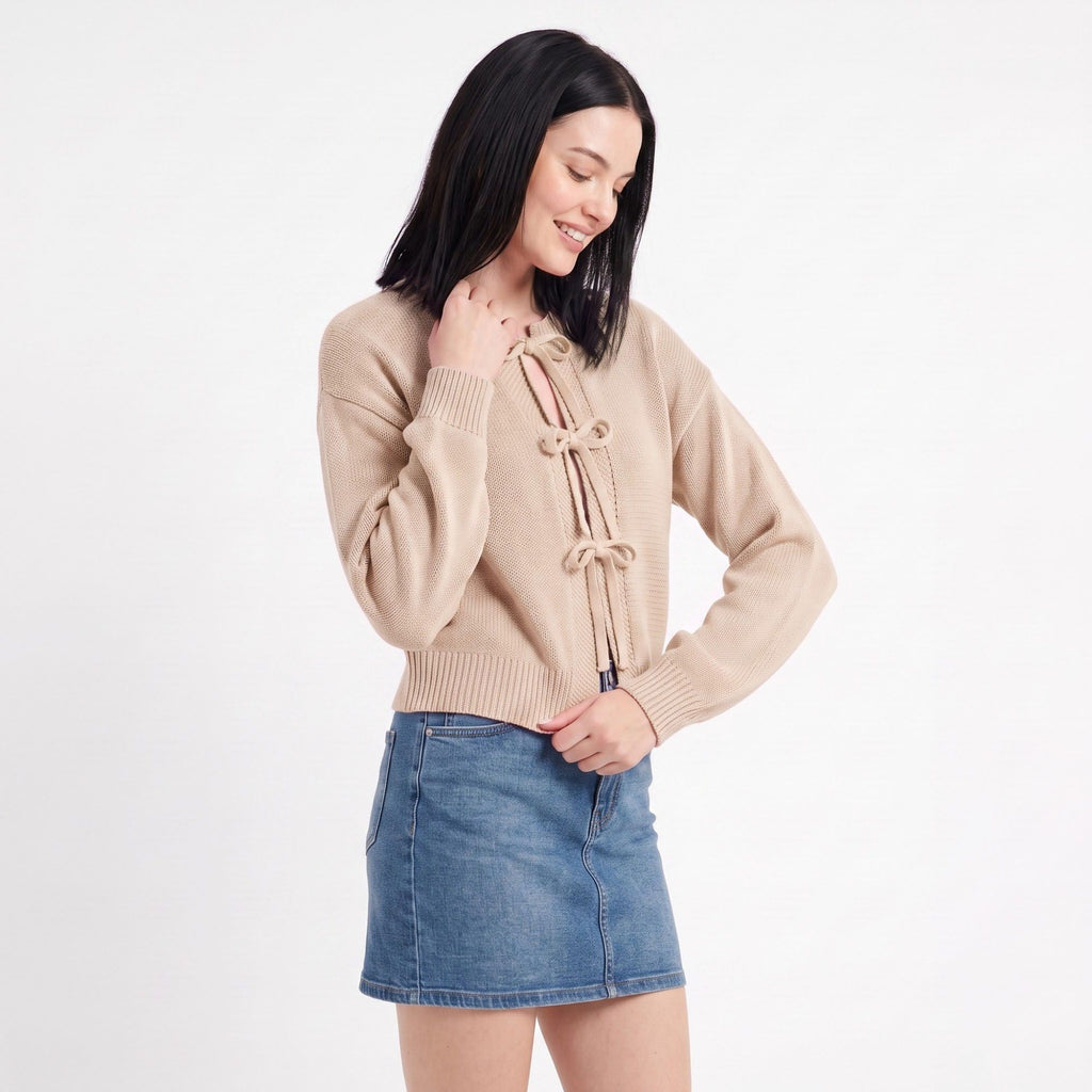Tie-Front Long Sleeve Cropped Knit Cardigan