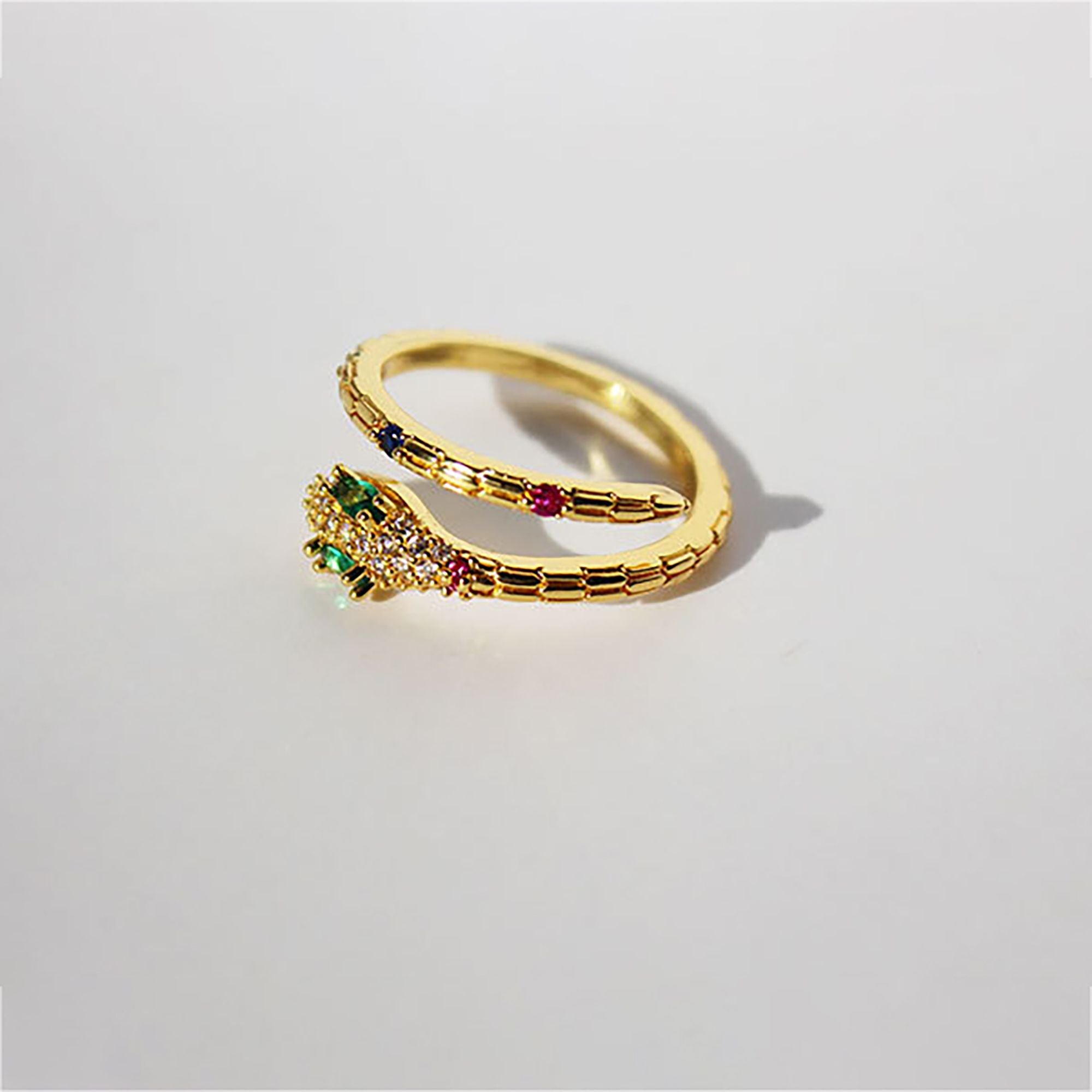 Women's Snake Statement Ring with Multi-Color Crystals - Adjustable Brass Animal Ring