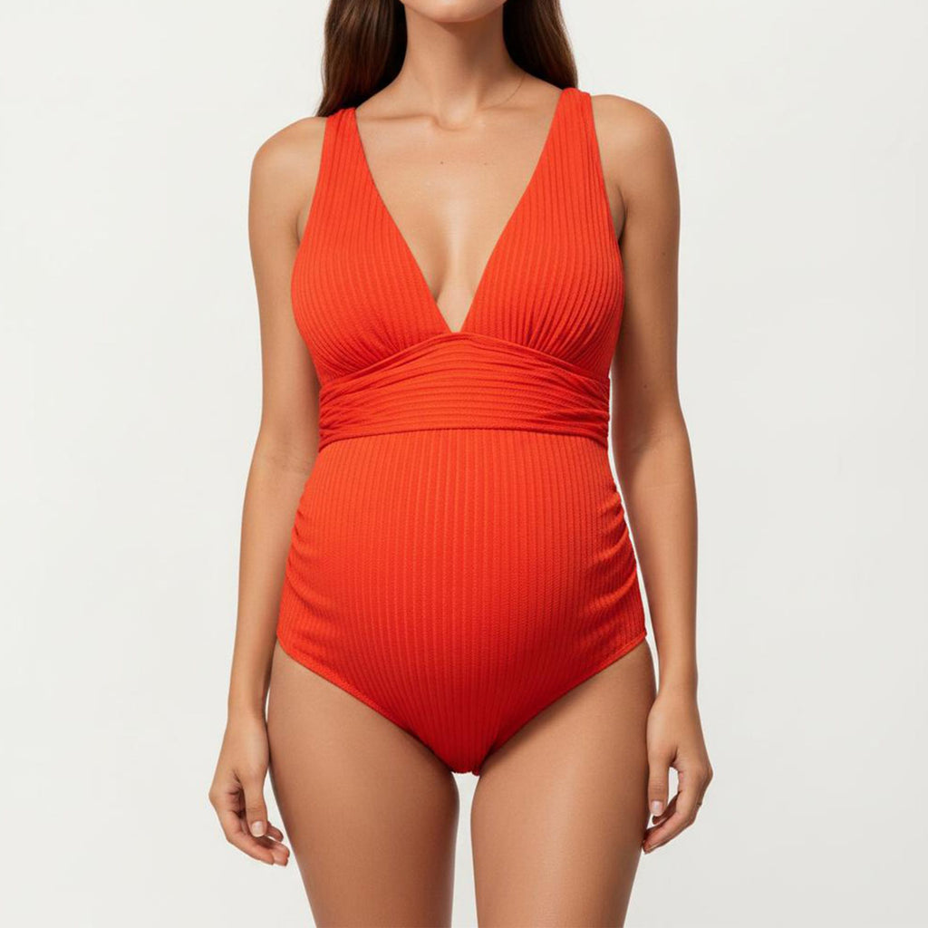 Anna-Kaci Swim Women's Maternity Ribbed One-Piece Swimsuit with Plunging Neckline and Ruched Waist