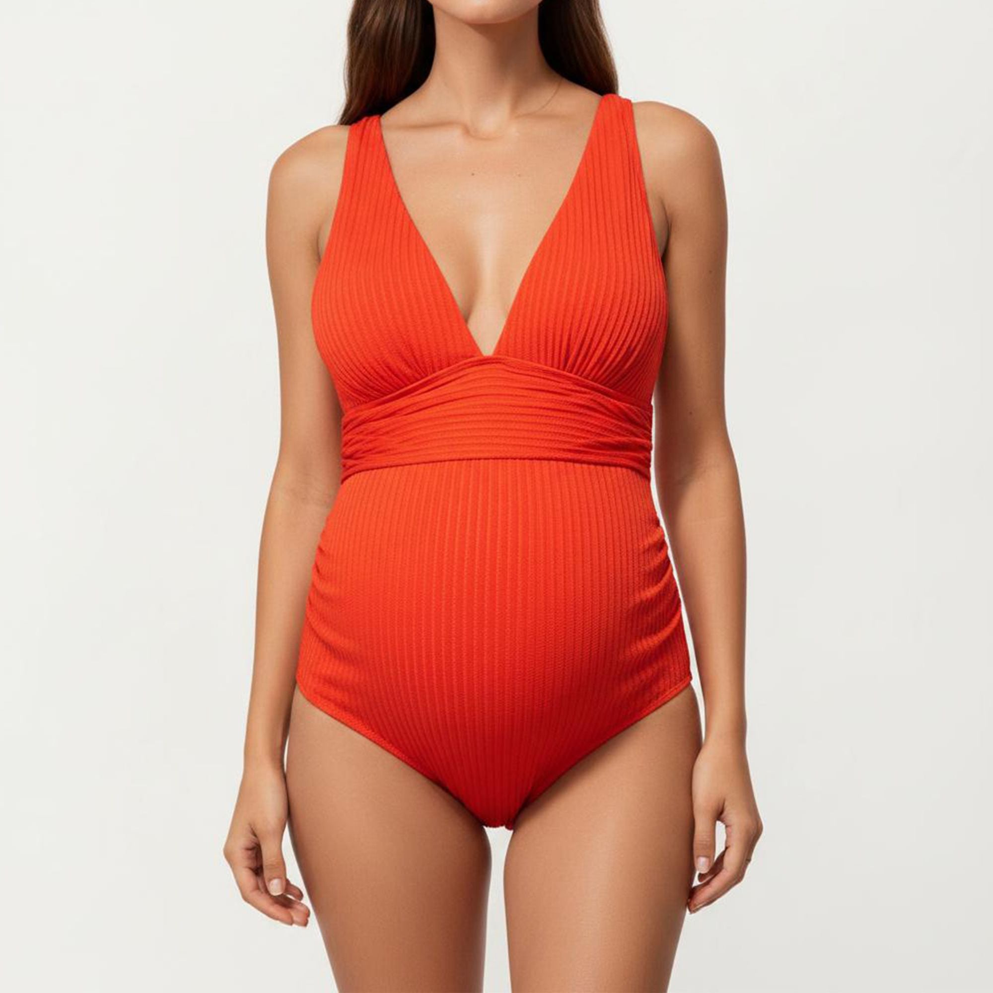 Anna-Kaci Swim Women's Maternity Ribbed One-Piece Swimsuit with Plunging Neckline and Ruched Waist