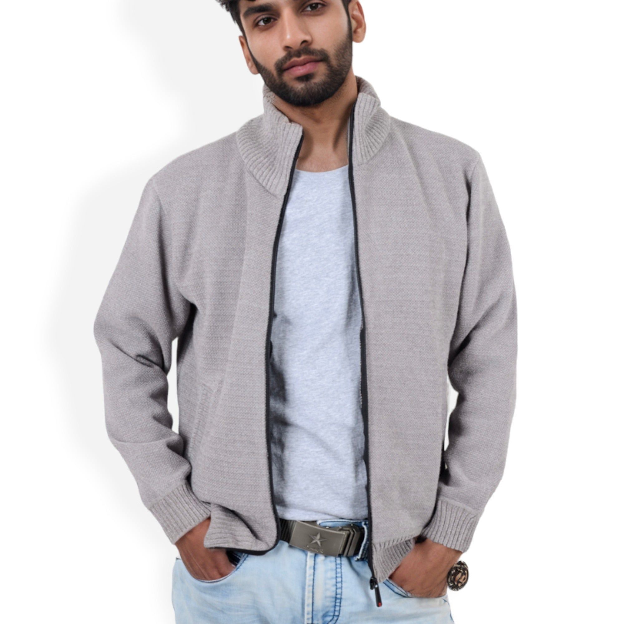 Anna-Kaci Men's Zip-Up Ribbed Knit Cardigan Sweater with Stand Collar