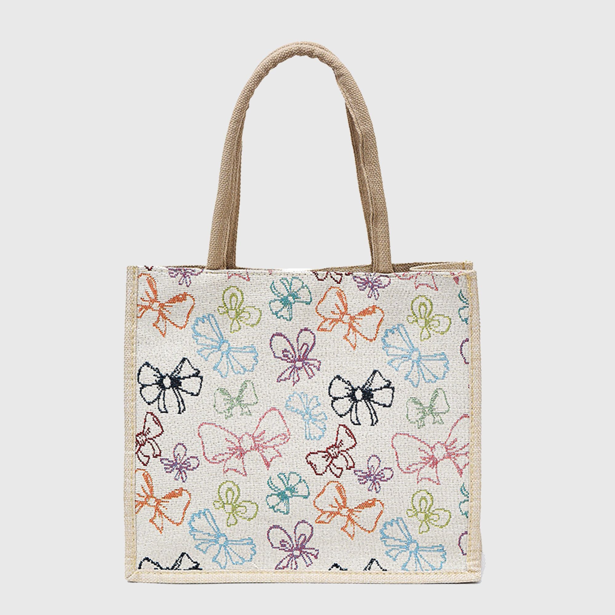 Anna-Kaci Women's Canvas Tote Bag with Colorful Bow Print - Lightweight Shopping Handbag
