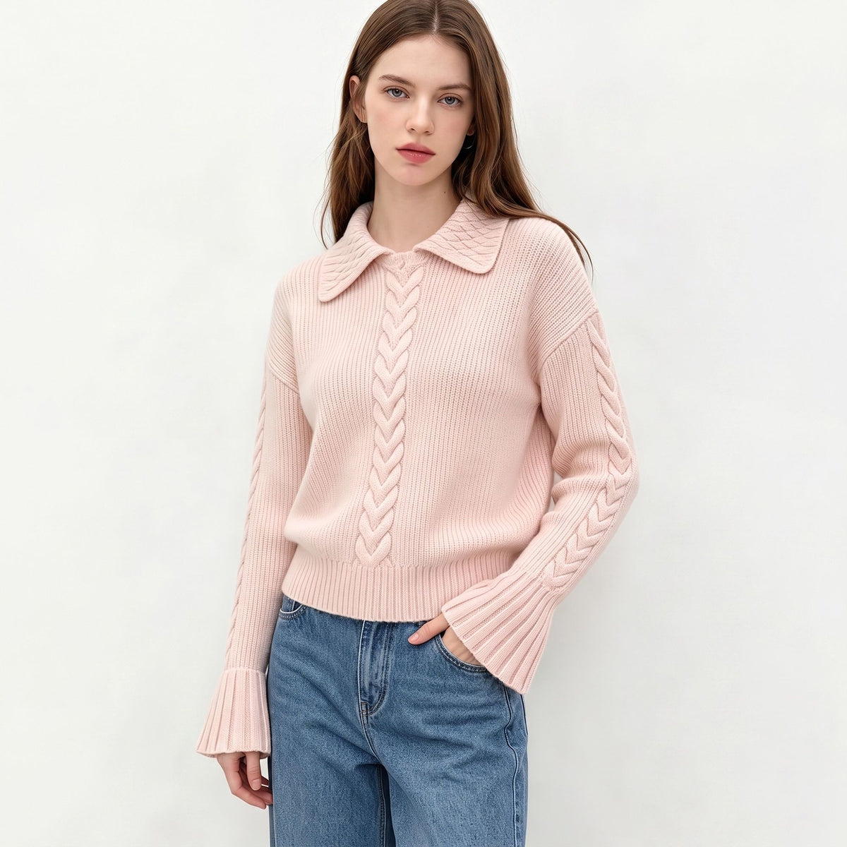 Cable Knit Collared Sweater with Flared Cuffs