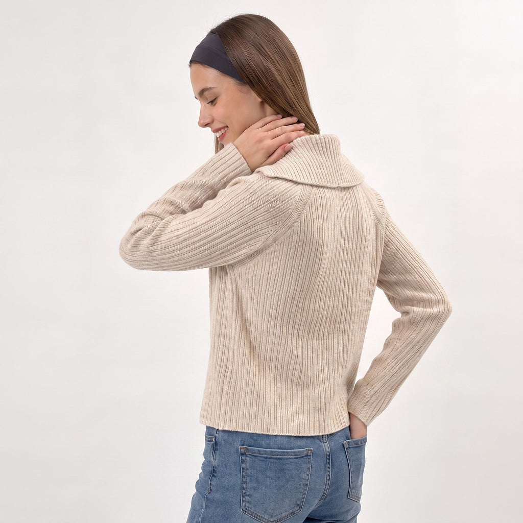 Ribbed Wide Collar Zip-Front Cardigan Sweater
