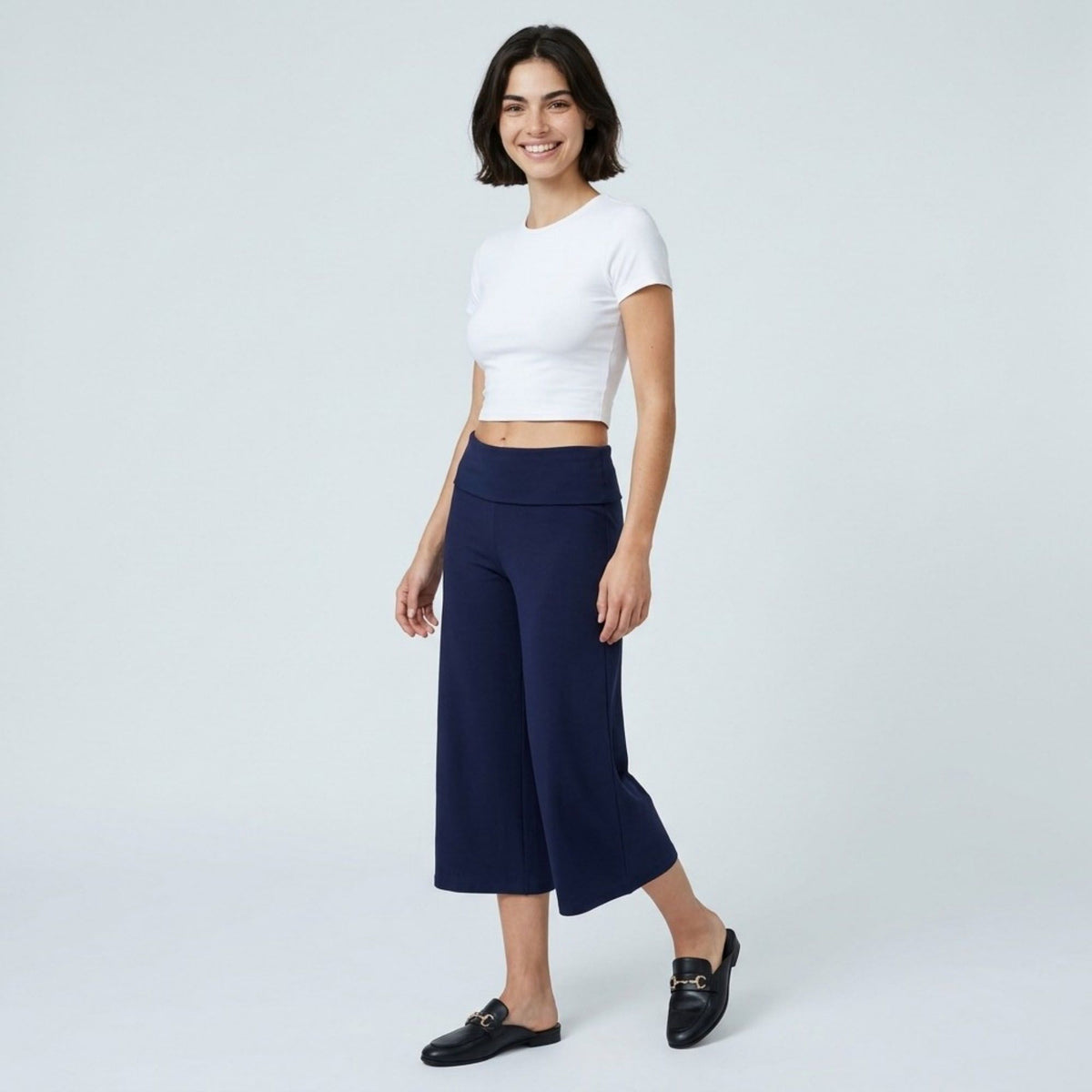 Foldover Waistband Cropped Wide-Leg Trousers