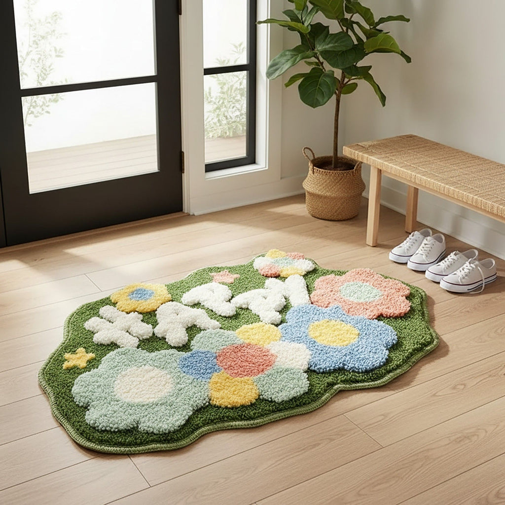 Tufted Floor Mat with Happy Text and Floral Pattern Non Slip Backing Soft Plush Decorative Scalloped Edge Indoor Rug