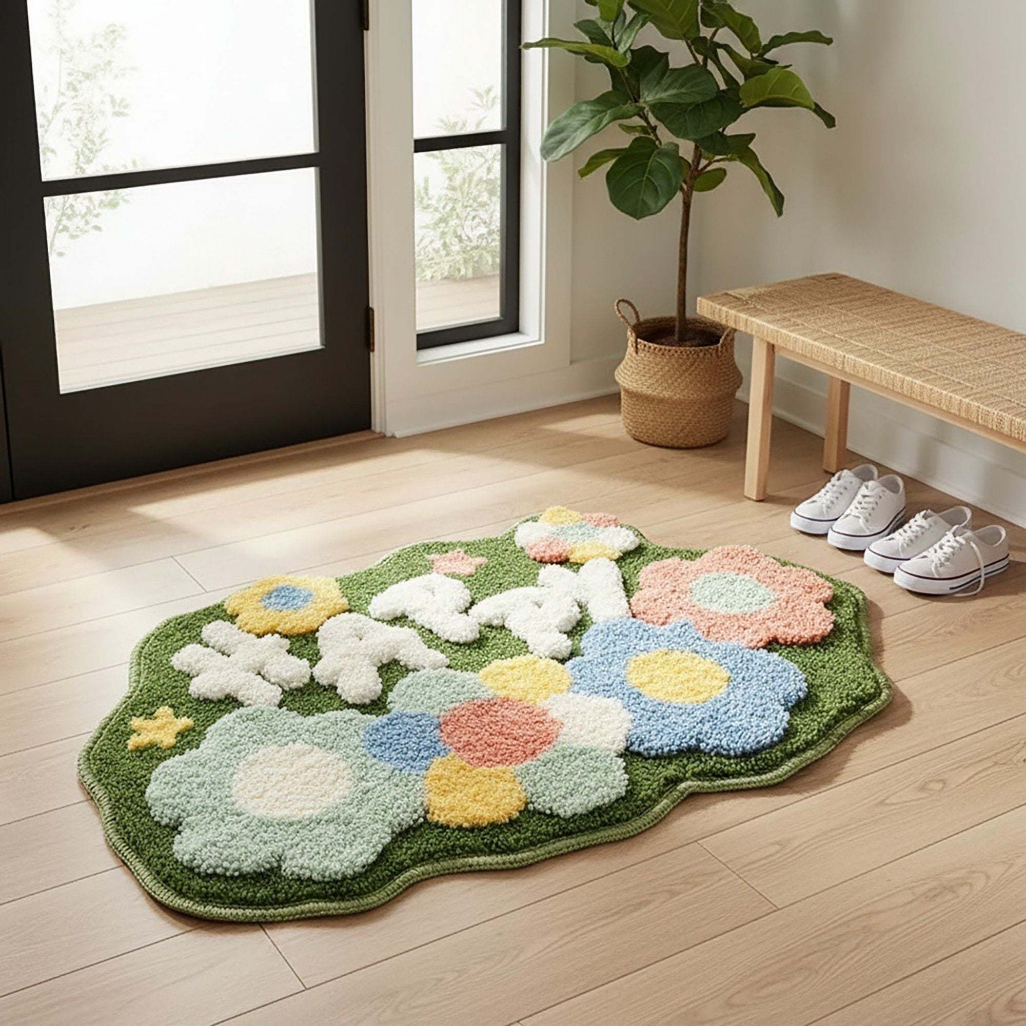 Tufted Floor Mat with Happy Text and Floral Pattern Non Slip Backing Soft Plush Decorative Scalloped Edge Indoor Rug