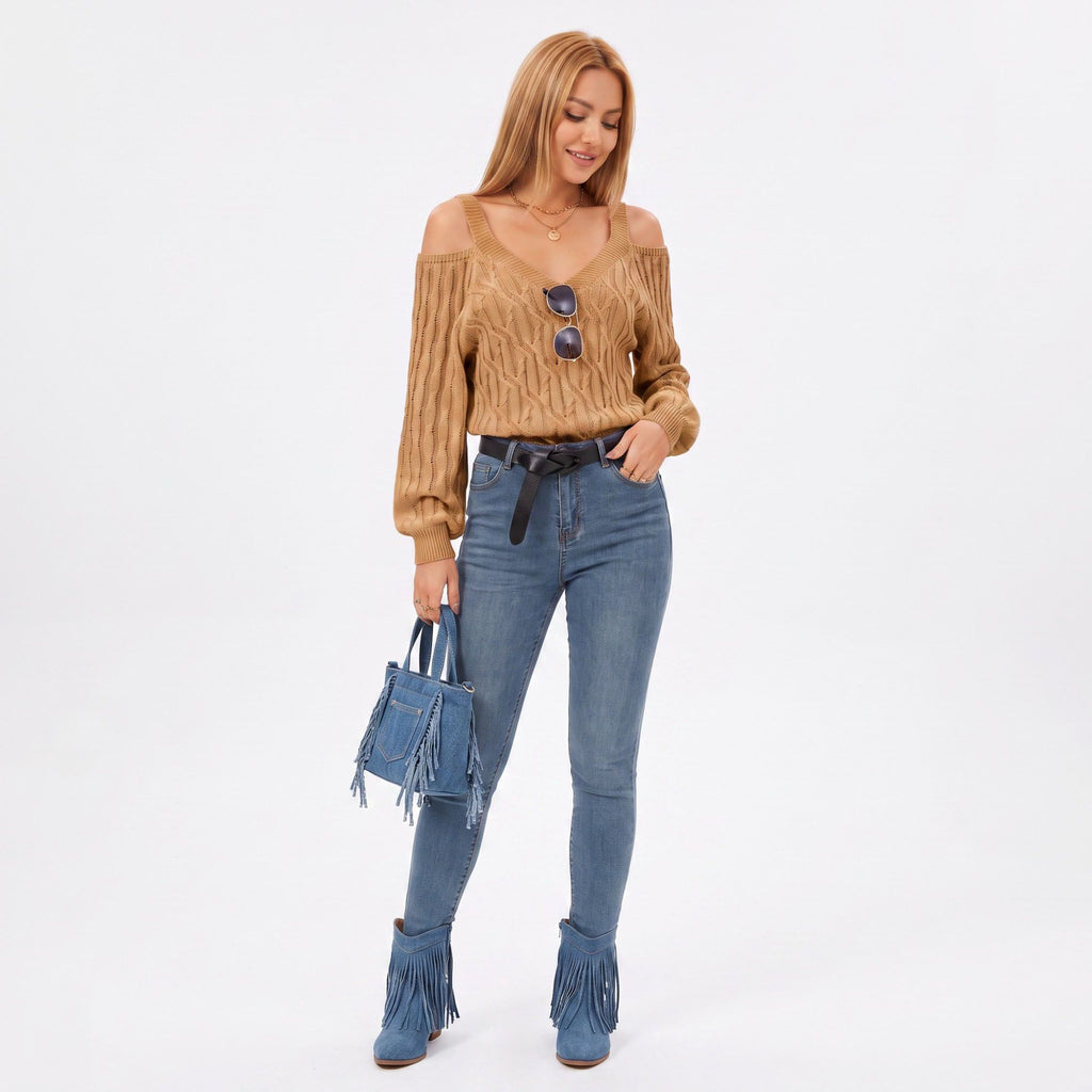 Cold Shoulder V Neck Cable Knit Long Sleeve Sweater