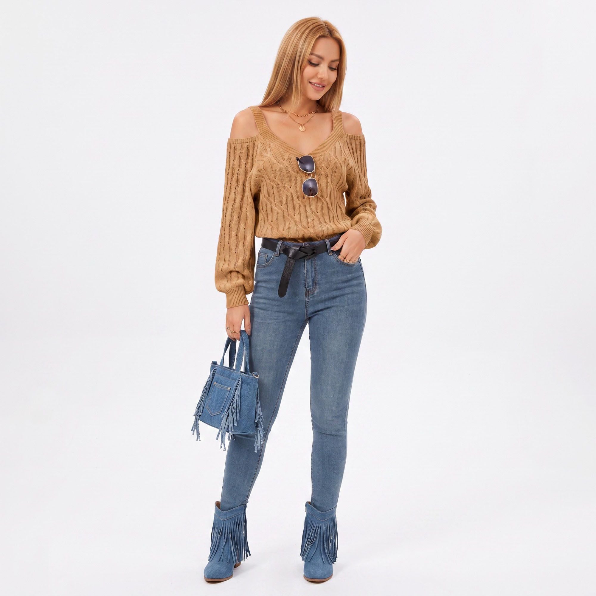 Cold Shoulder V Neck Cable Knit Long Sleeve Sweater