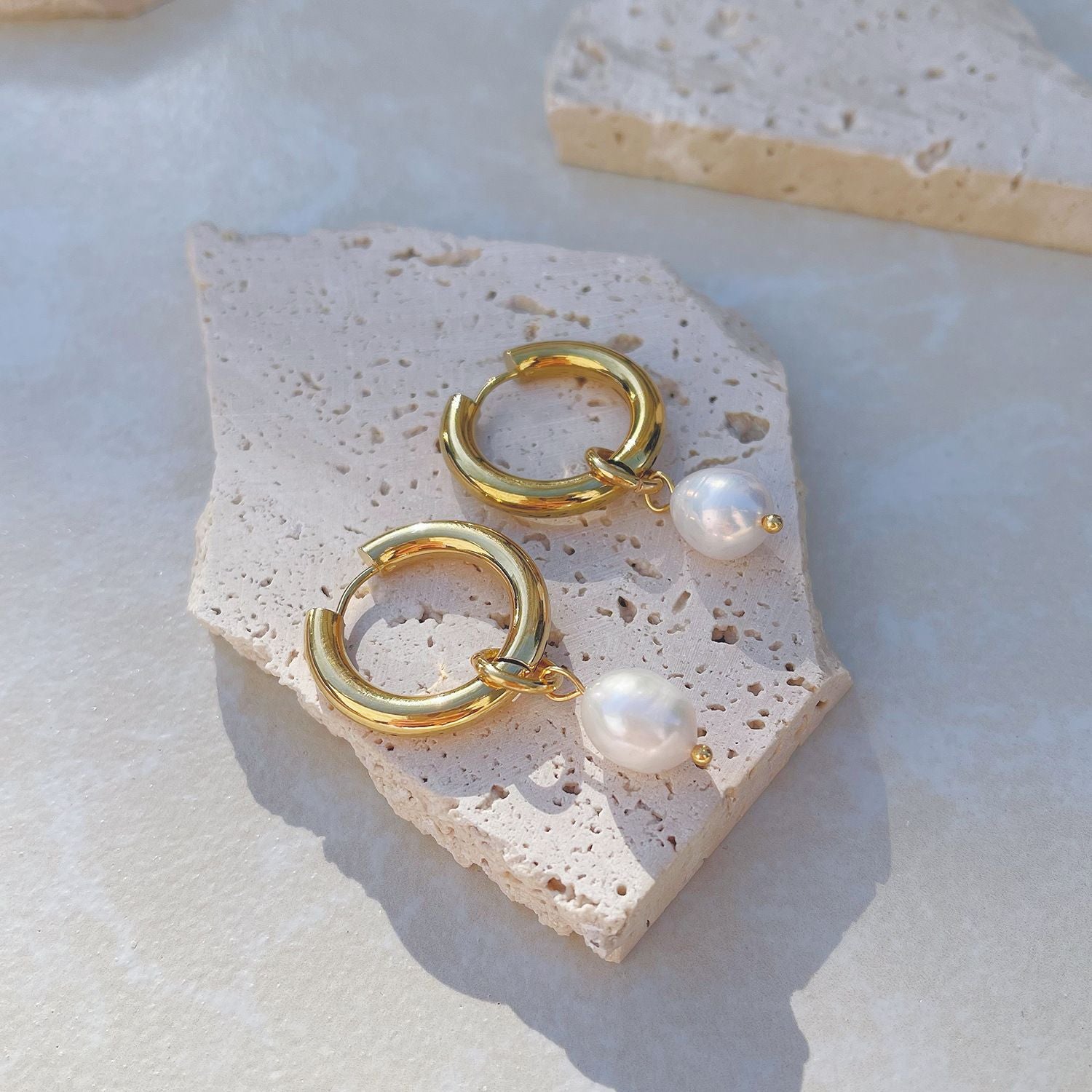 Hoop Earrings with Faux Pearl Drop Charm and Polished Finish