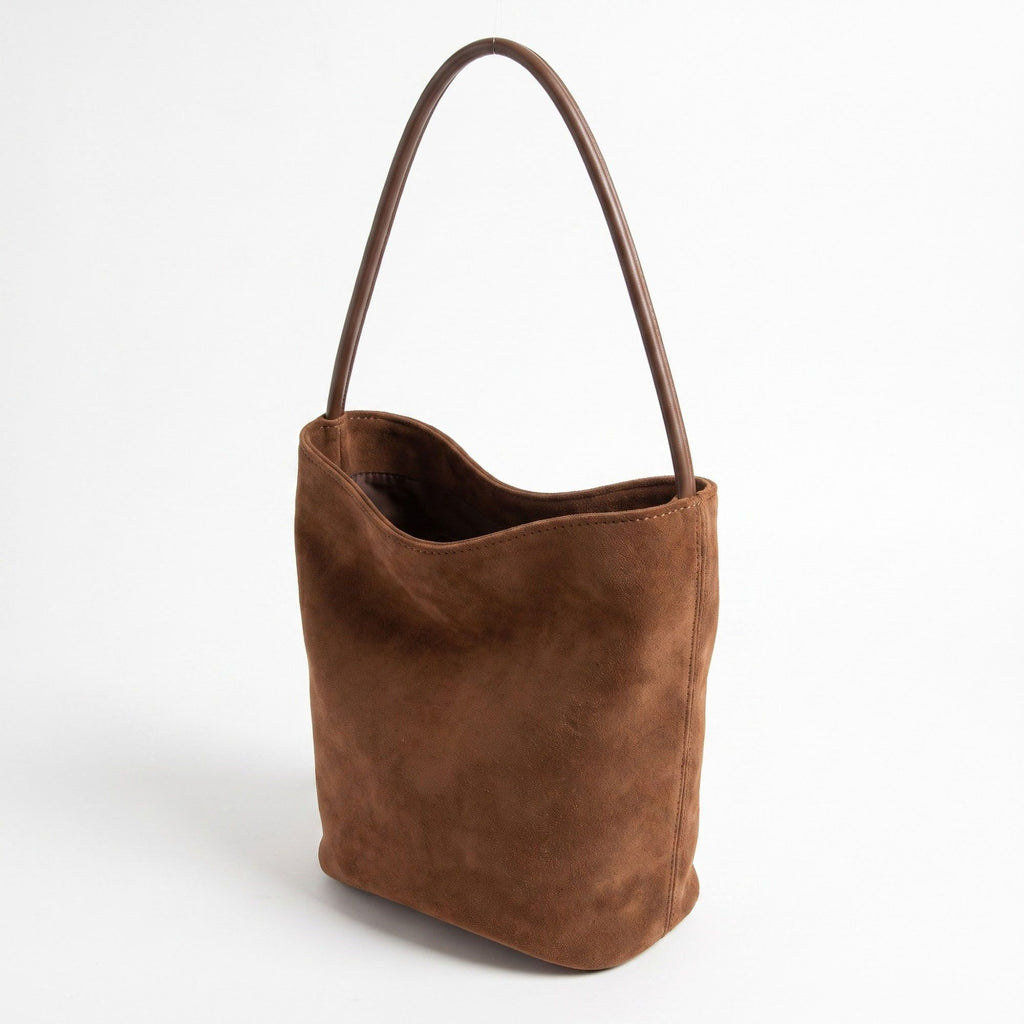 Suede-Look Bucket Shoulder Bag with Long Strap and Soft Structured Shape 9x7.5x6.5in