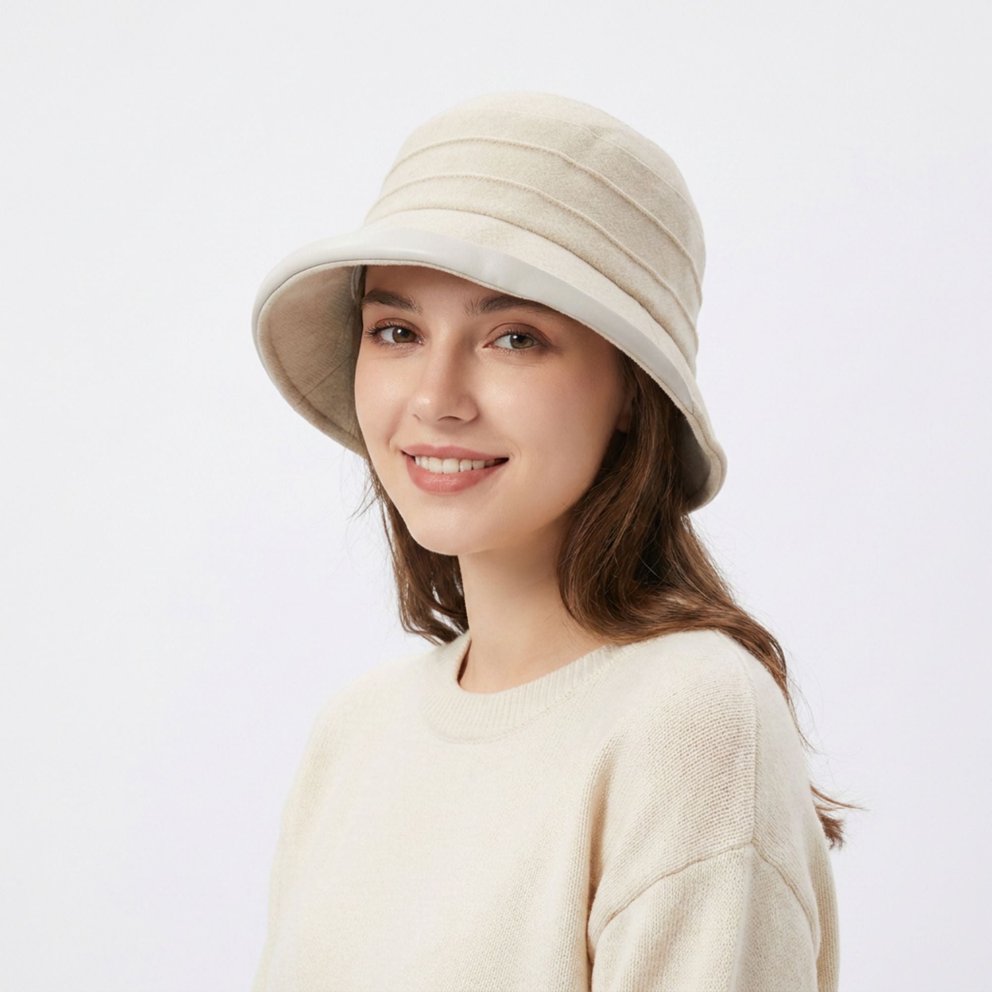 Structured Cloche Hat Pleated Crown Contrast Trim Wide Brim Bucket Hat