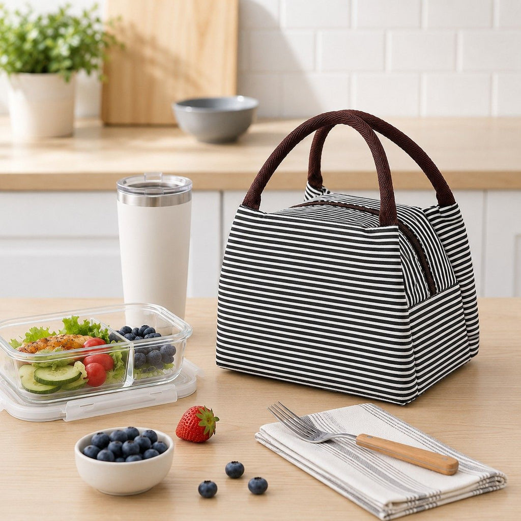 Insulated Striped Lunch Bag Reusable Soft Cooler Tote for Work School Picnic