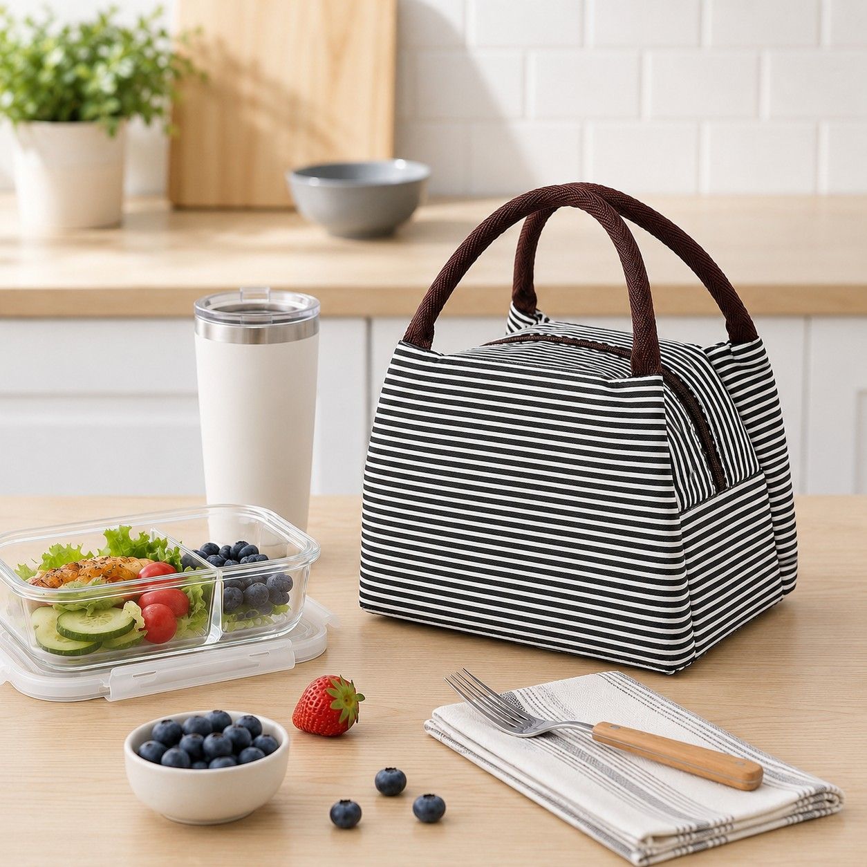 Insulated Striped Lunch Bag Reusable Soft Cooler Tote for Work School Picnic