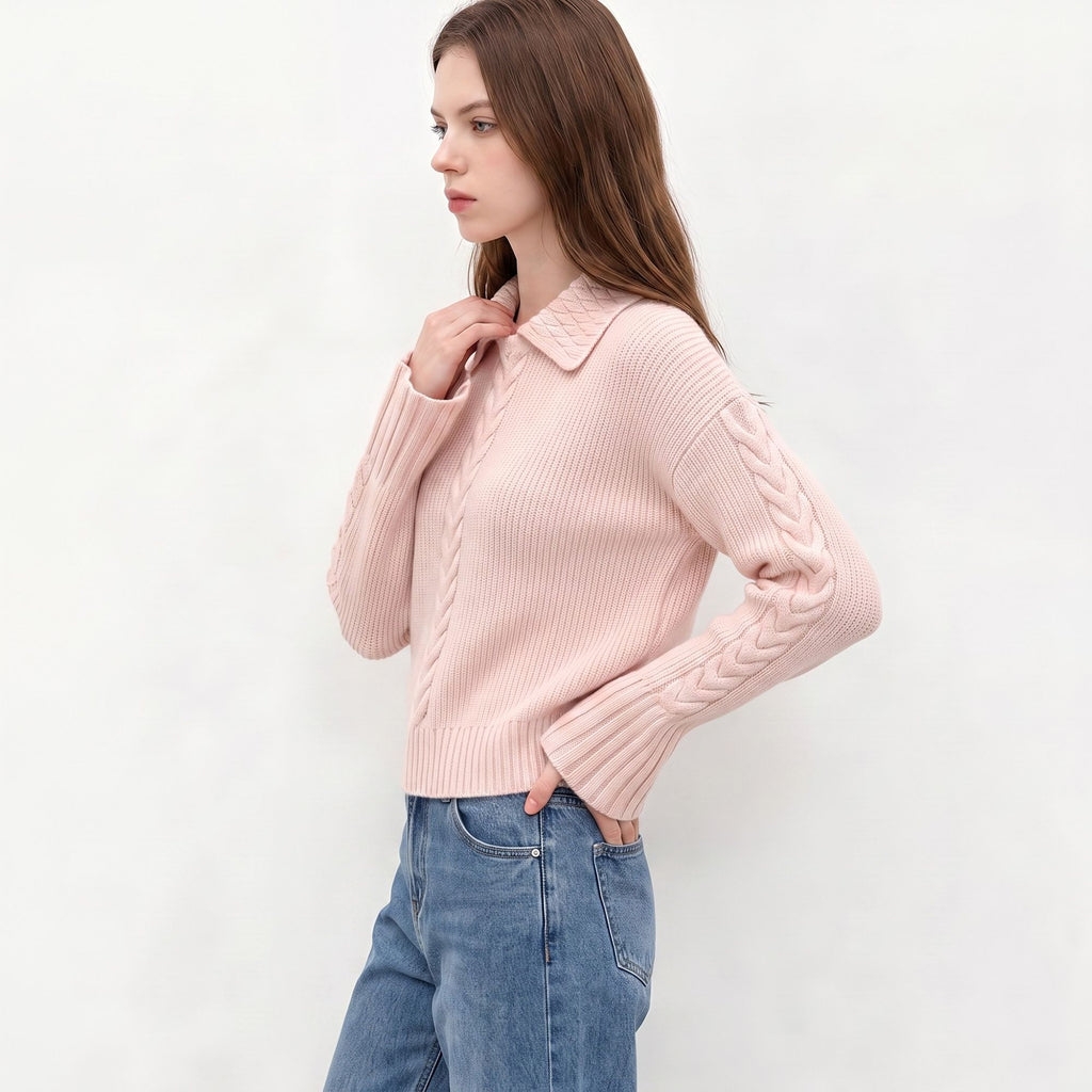Cable Knit Collared Sweater with Flared Cuffs