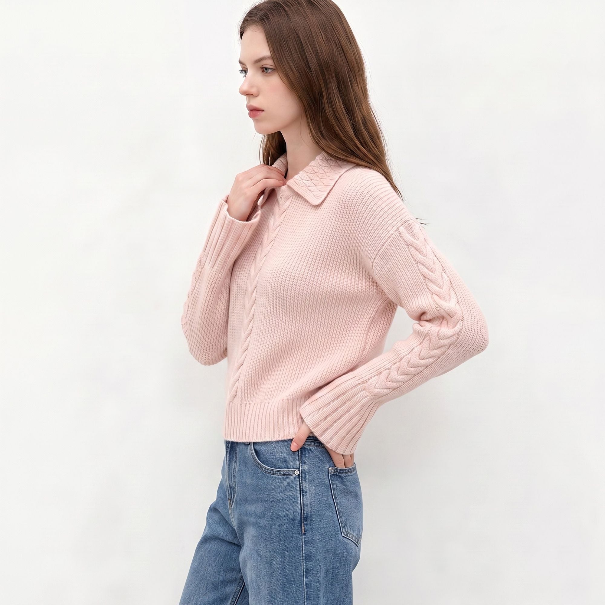 Cable Knit Collared Sweater with Flared Cuffs