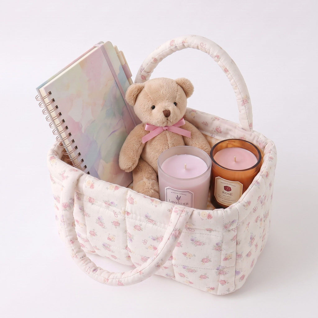 Floral Floral Quilted Storage Basket Tote with Padded Handles