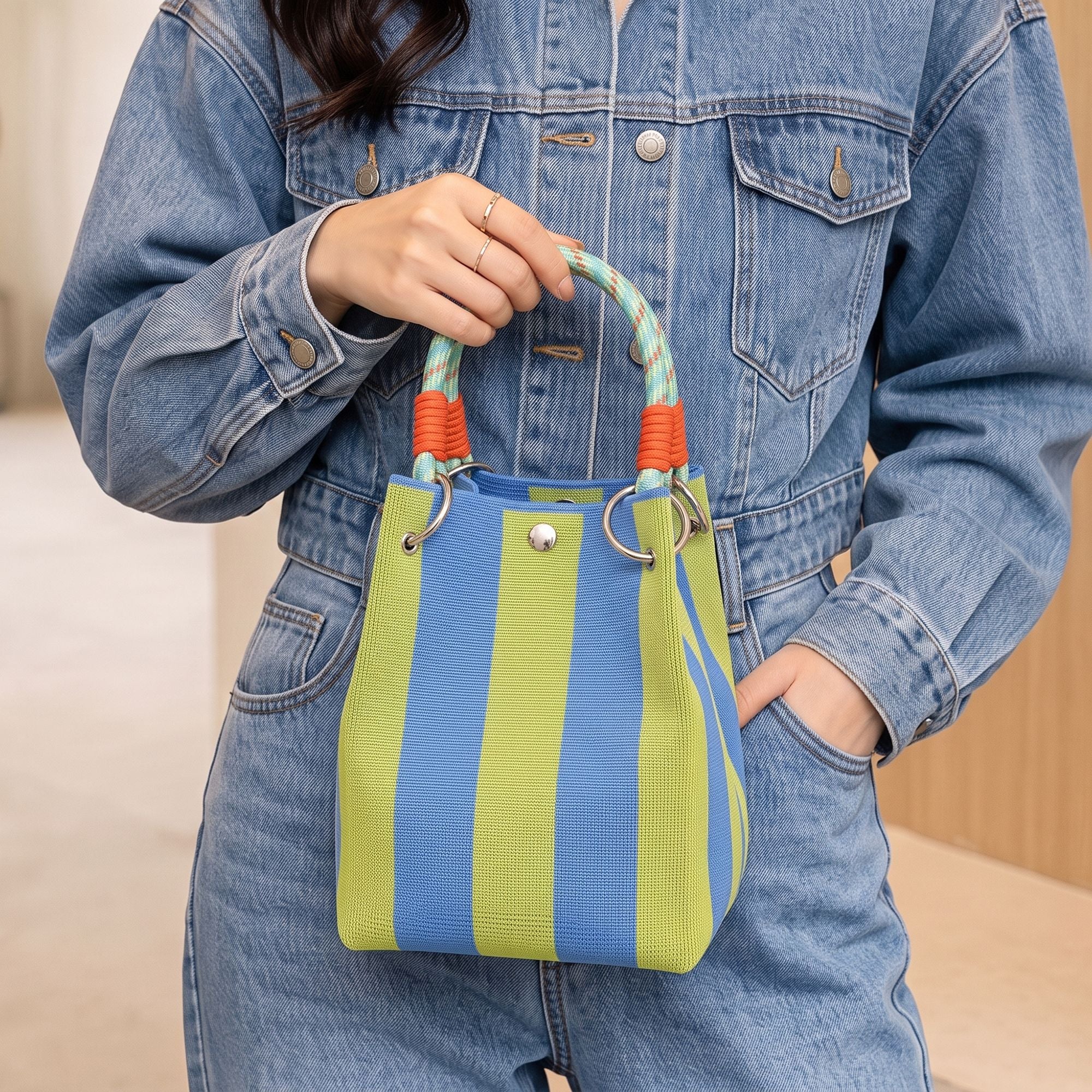 Small Striped Knit Bucket Bag with Rope Handles and Snap Closure
