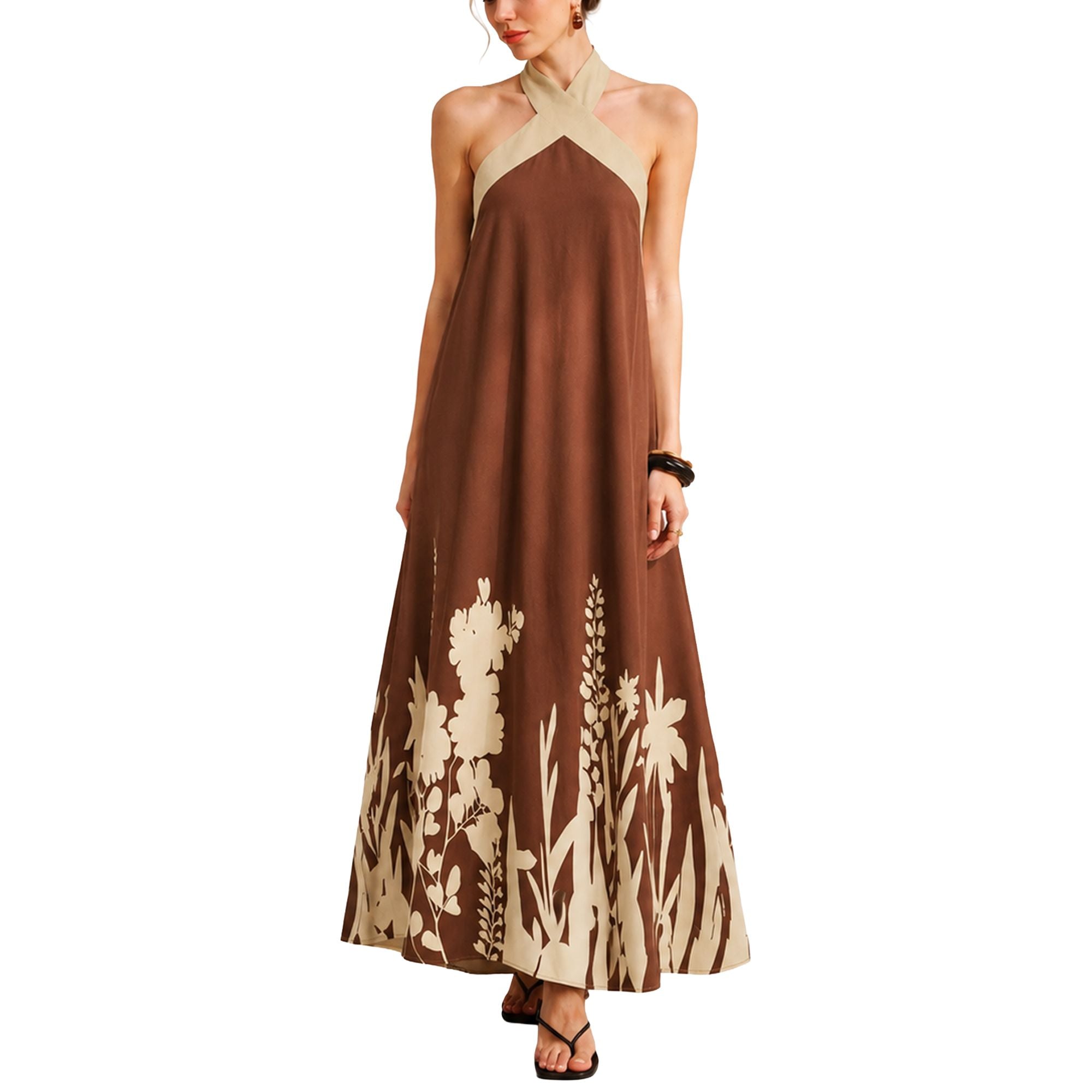 Halter Neck Maxi Dress with Crisscross Straps Open Back Tie Waist Botanical Border Print and A Line Skirt