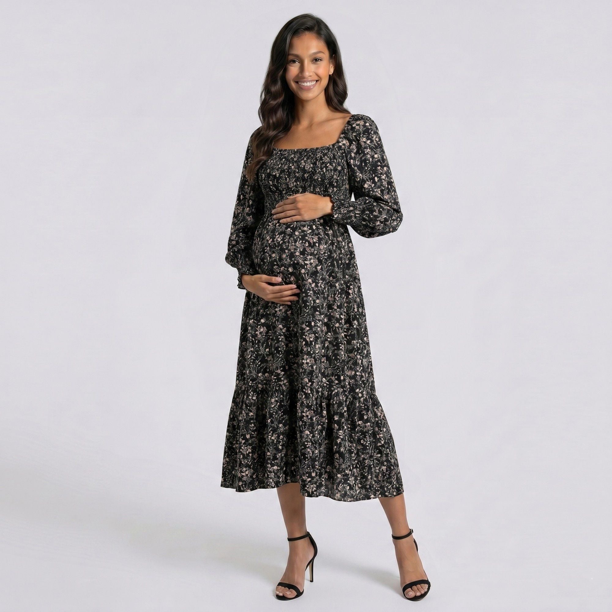 Anna-Kaci Women's Maternity Floral Square Neck Midi Dress with Long Sleeves and Smocked Bodice