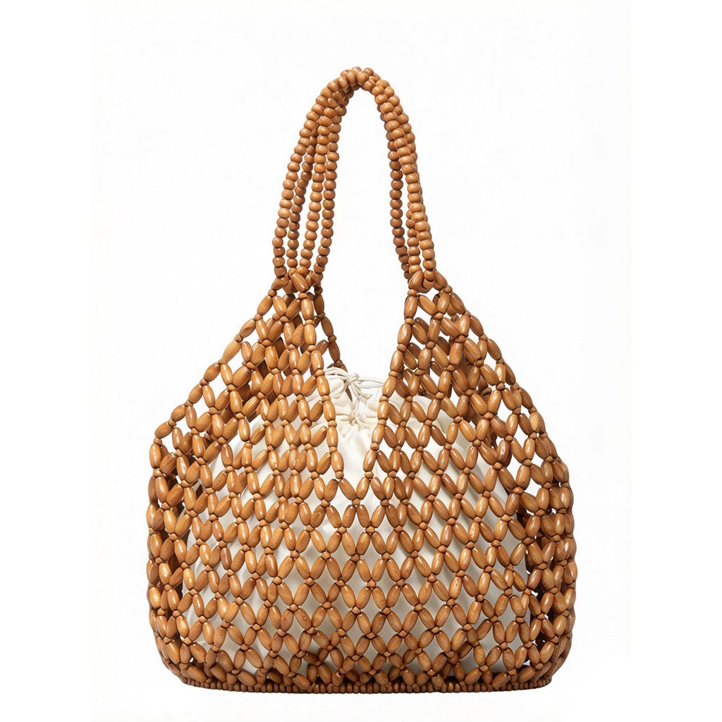 Wooden Beaded Tote Bag with Inner Pouch Handmade Open Weave Shoulder Handbag Lightweight Carryall