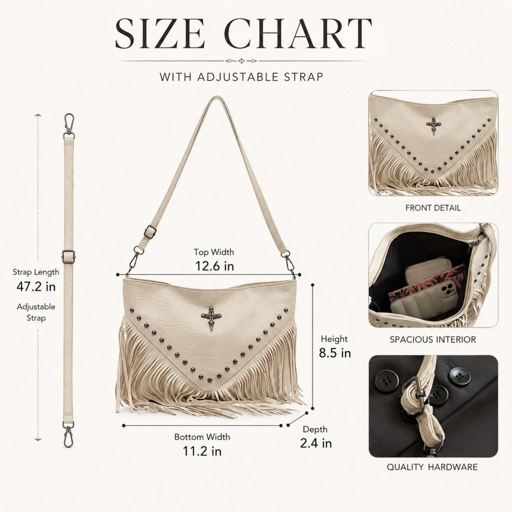 Studded Fringe Shoulder Bag with Adjustable Strap and Zip Closure