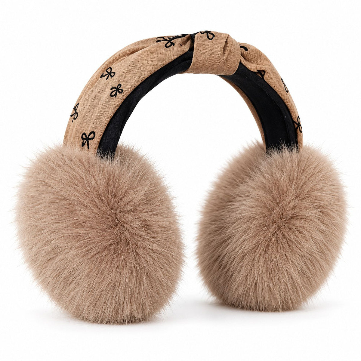 Plush Foldable Winter Earmuffs with Bow Print Knotted Headband