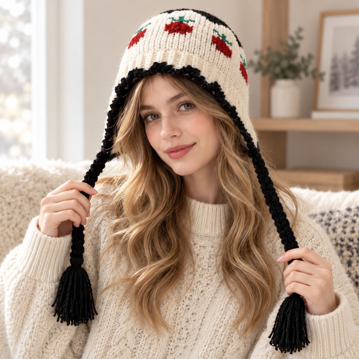 Fruit Pattern Knit Earflap Hat with Braided Tassels