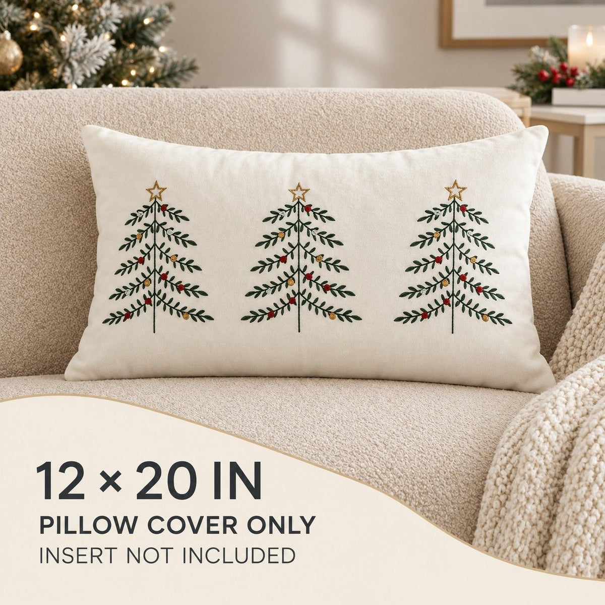 Christmas Tree Embroidered Plush Lumbar Throw Pillow Cover 12 x 20 Inch 1 Pack