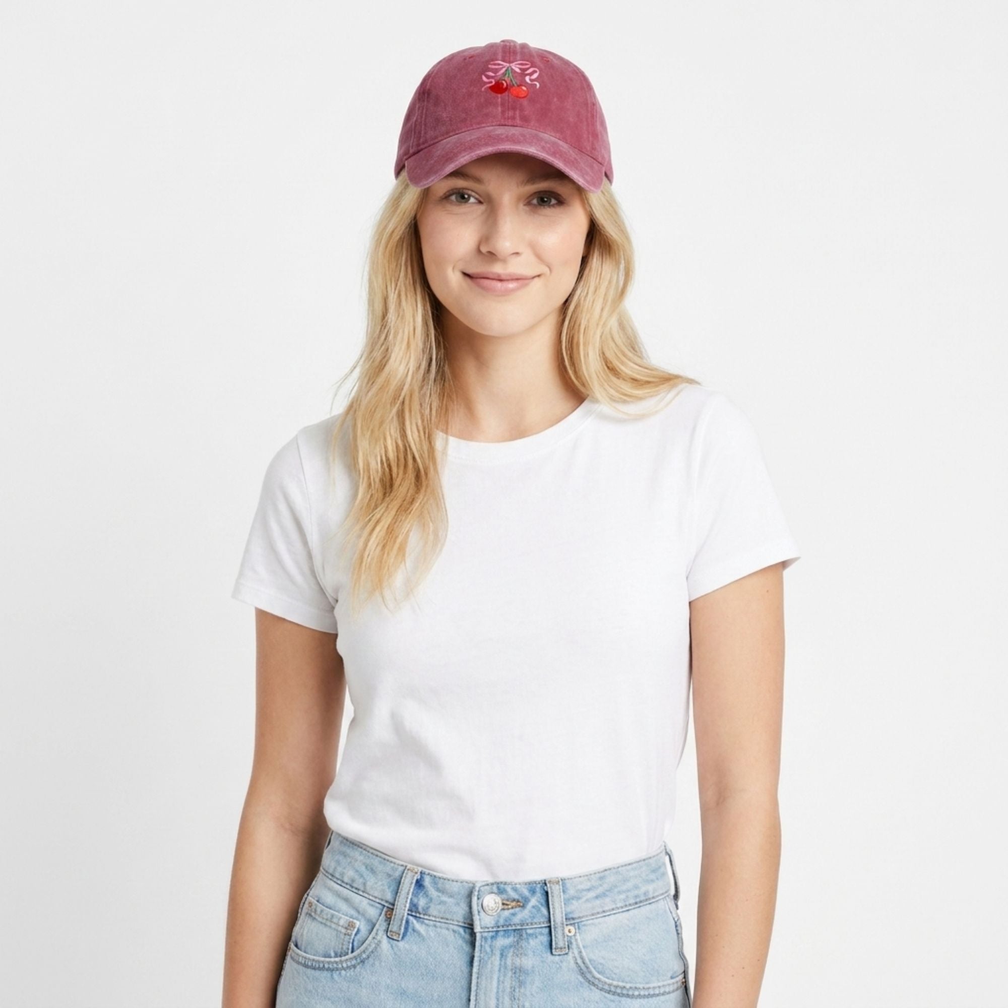 Washed Cotton Baseball Cap Cherry Bow Embroidered Adjustable Dad Hat