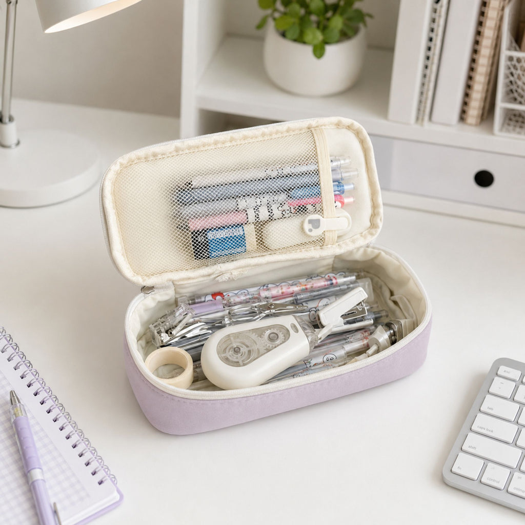 Capacity Pencil Case Stationery Organizer Pen Pouch with Mesh Pocket and Double Zipper