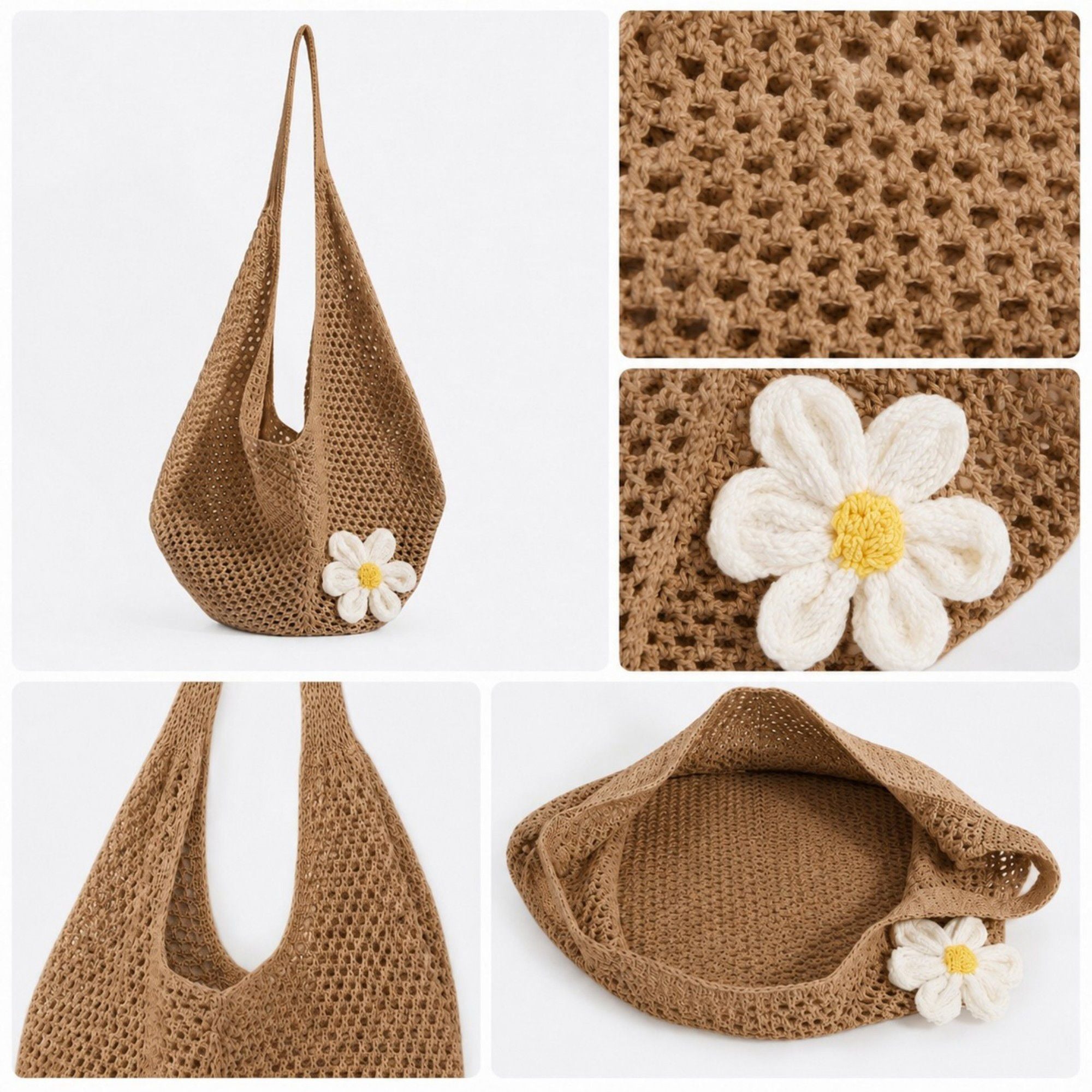 Flower Detail Woven Tote Bag for Women - Lightweight Summer Shoulder Bag for Vacation