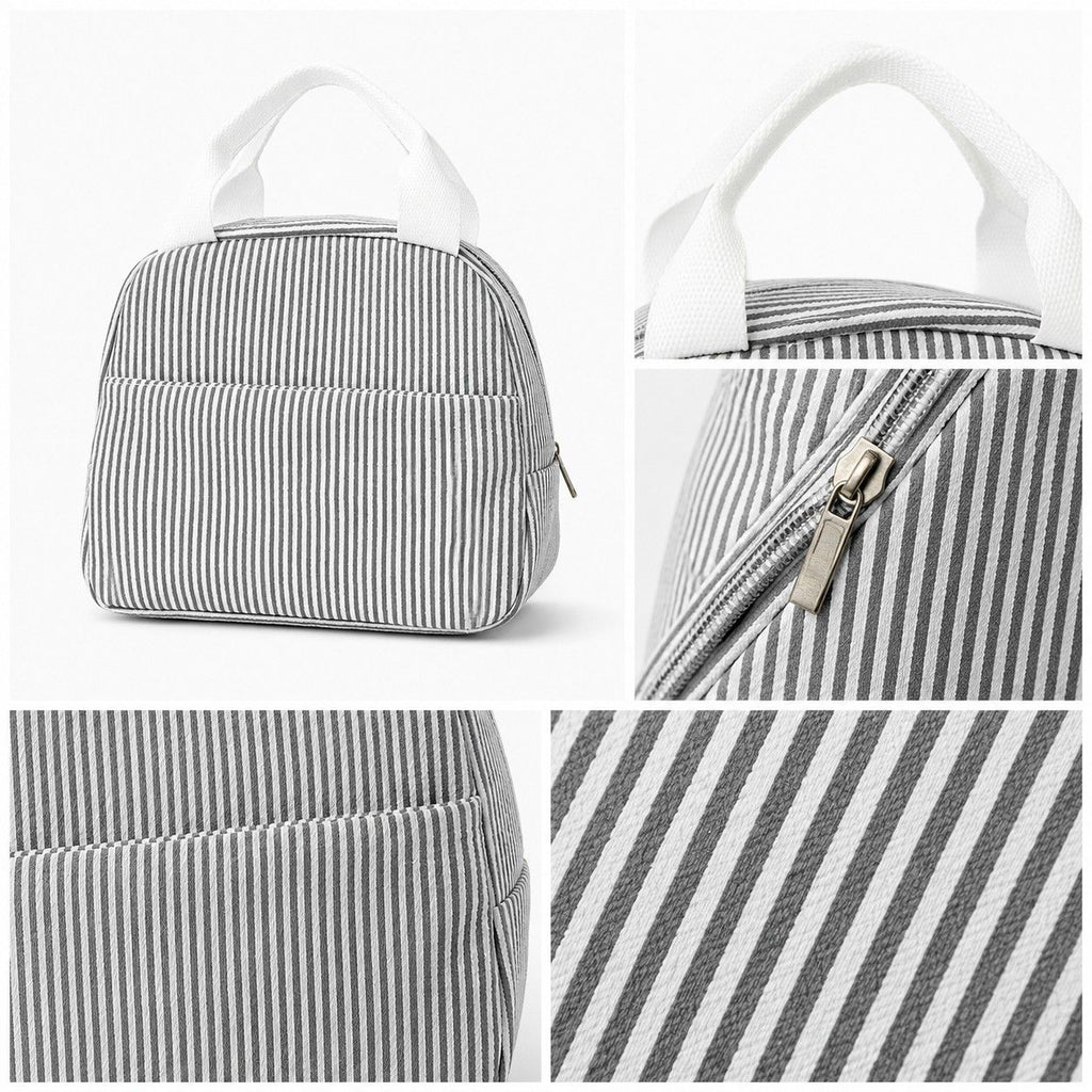 Striped Insulated Lunch Tote Bag with Front Pocket and Zip Closure