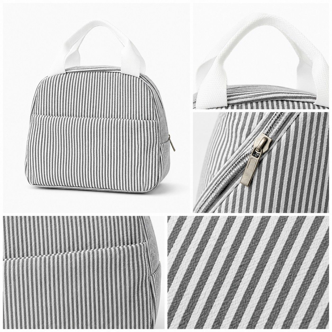 Striped Insulated Lunch Tote Bag with Front Pocket and Zip Closure