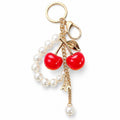 Cherry Bag Charm Keychain with Faux Pearl Loop and Gold-Tone Clips