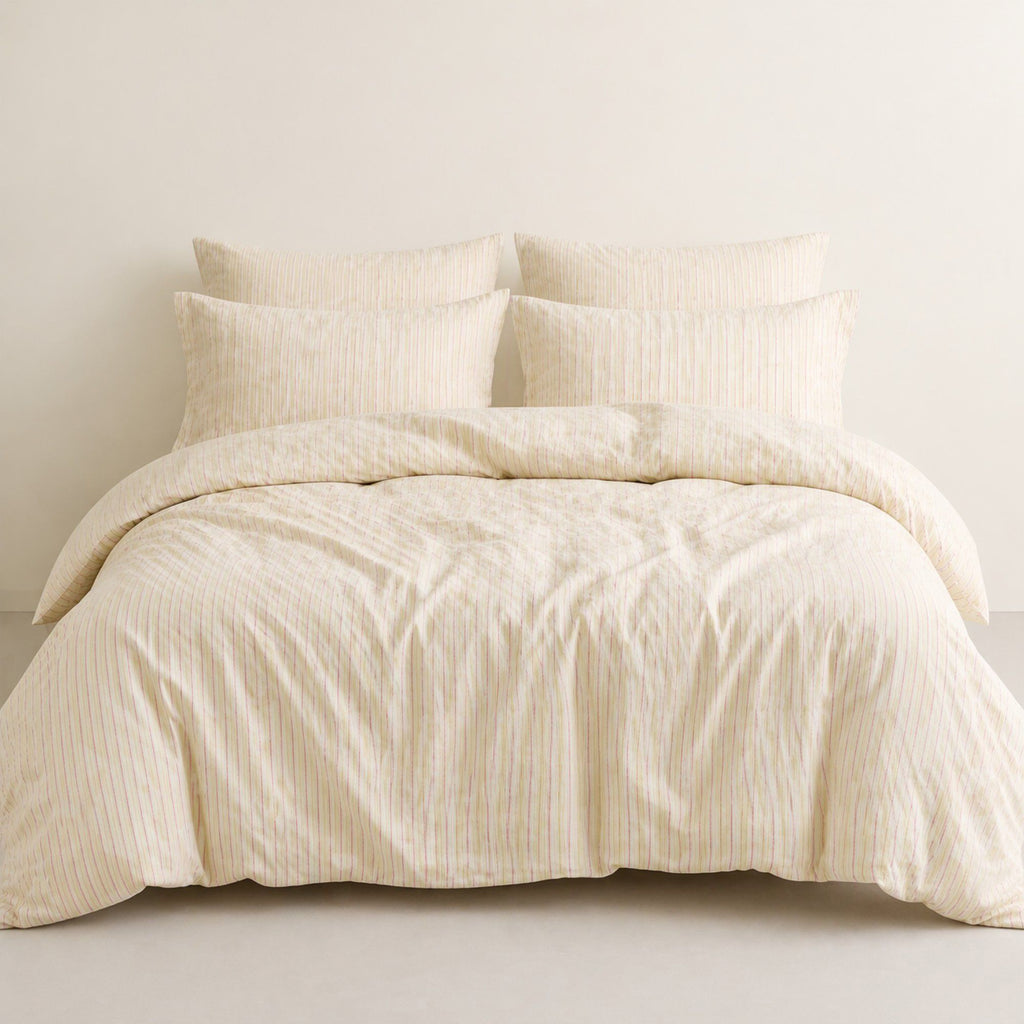 4-Piece Cotton Washed Bedding Set with Duvet Cover Flat Sheet and Pillowcases Striped Woven Design