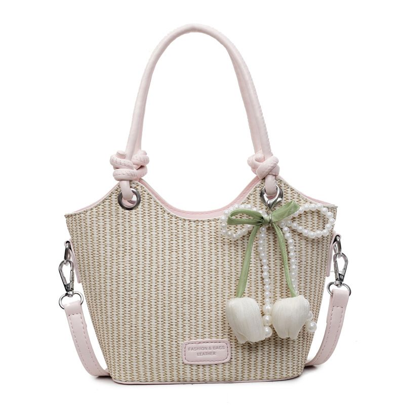Women's Woven Mini Tote Crossbody Bag with Pearl Bow Charm and Strap