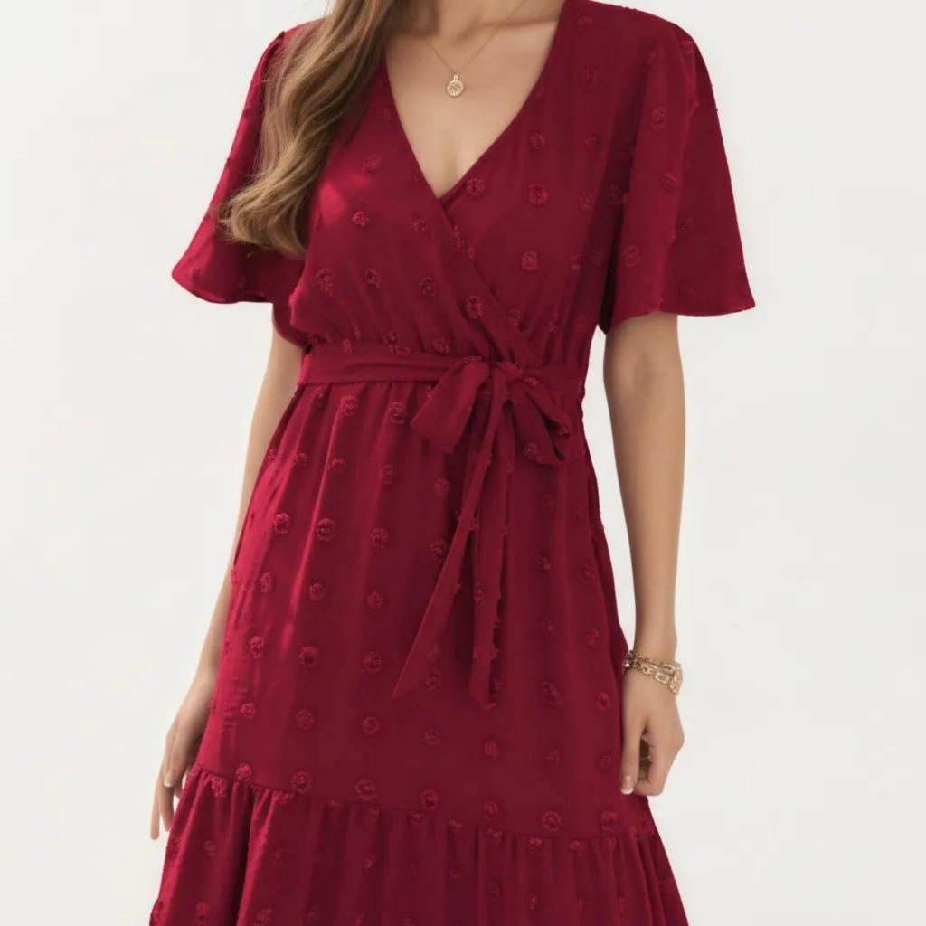 Anna-Kaci Women's Short Sleeve Maxi Dress with Wrap Front Waist Tie and Tiered Skirt